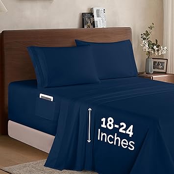 Elegant Comfort Luxury 1500 Premium Hotel Quality Microfiber 4-Piece Sheet Set - Soft, All Around Elastic 18-24 Inches Deep Fitted Sheet - Extra Deep Pocket Sheets, King, Navy Blue