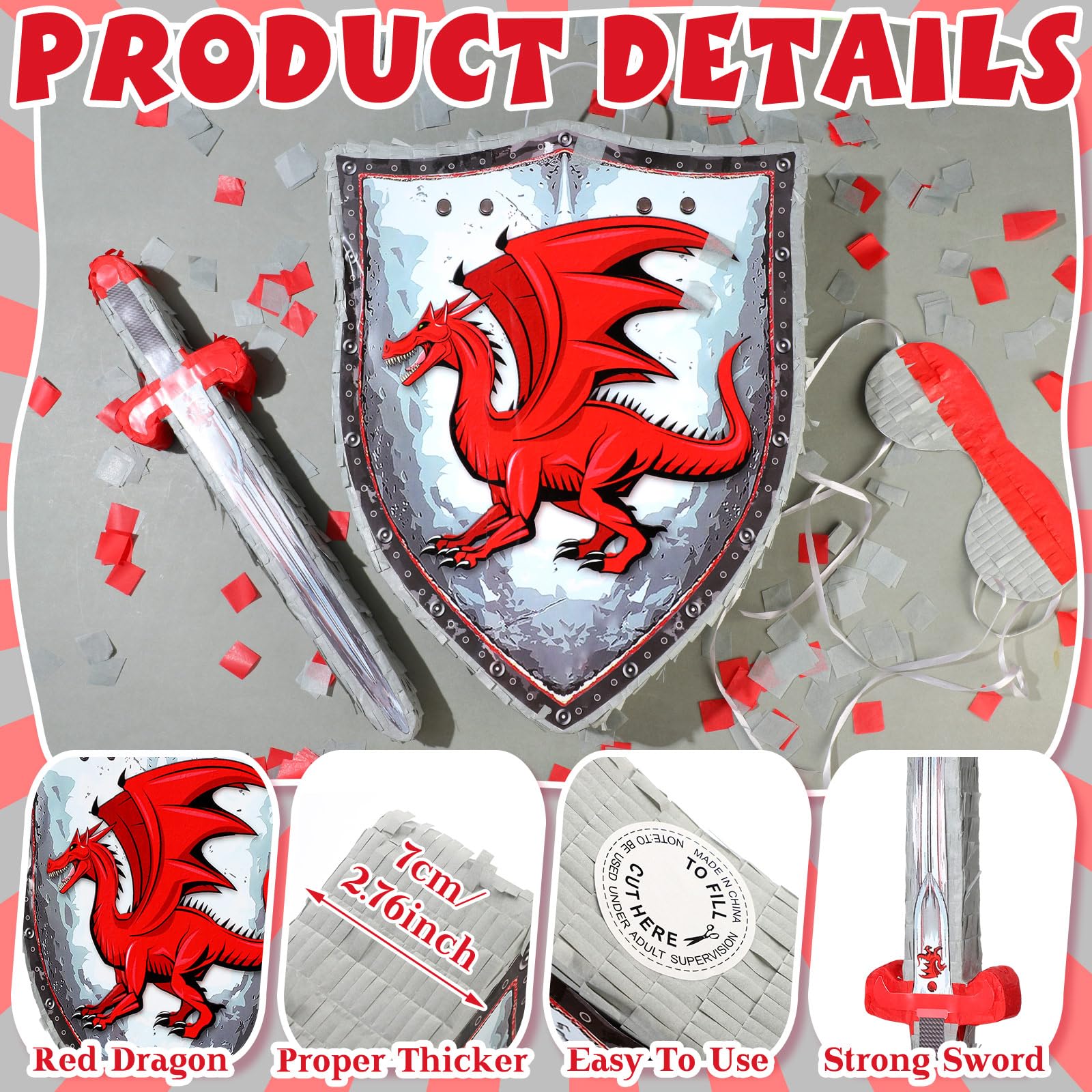 Leyndo Lot de 4 piñata de fête de Noël sur le thème du dragon rouge avec bouclier festif, bandeau pour les yeux, épée médiévale chauve-souris et confettis pour enfants, décorations de fête de Noël,