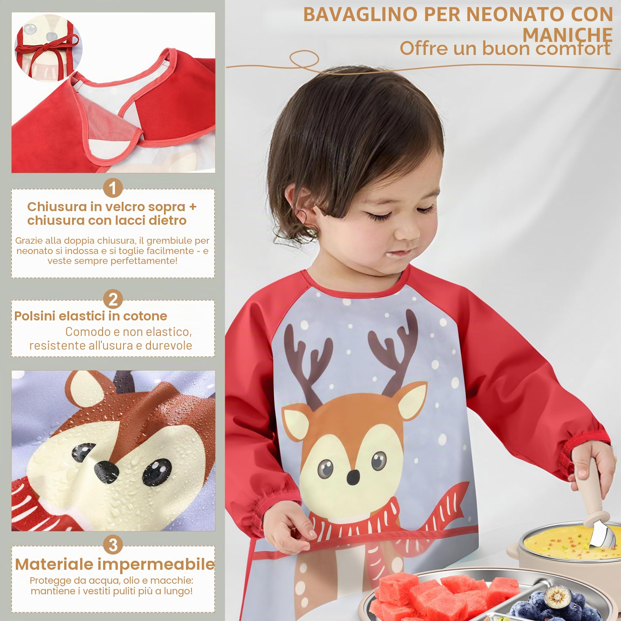 Set di stoviglie per bambini in acciaio inox con ventosa, 6 pezzi in acciaio inox con piatto per bambini, bicchierini per imparare a bere, bavaglini con maniche, cucchiaio per bambini