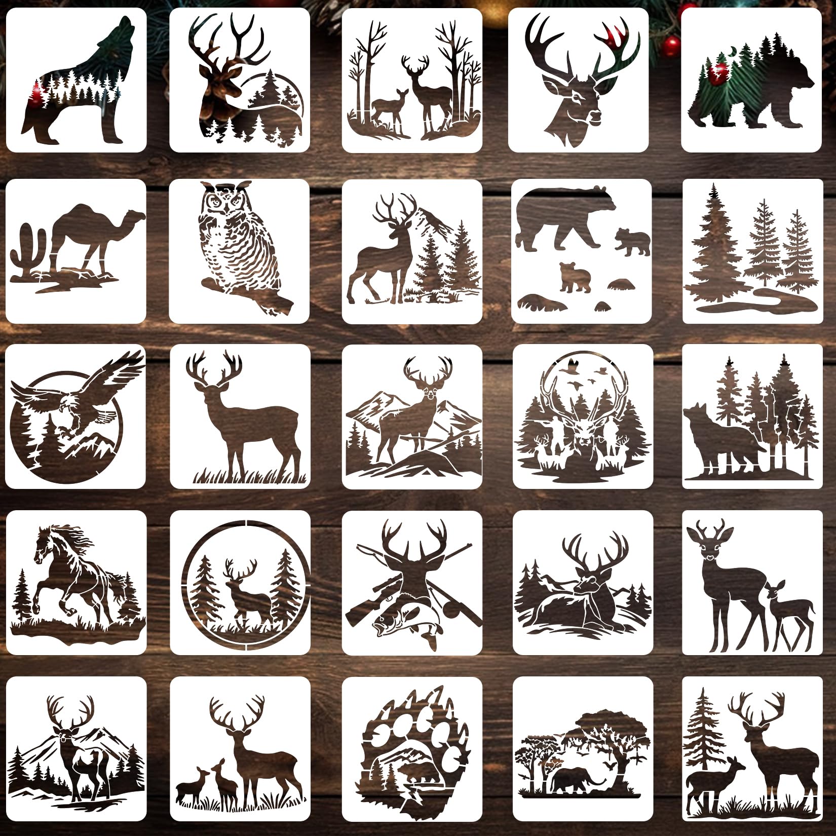 25 Pieces Forest Animal Stencils for Painting on Wood Reusable Wildlife Stencils Deer Bear Wolf Moose Drawing Templates for Winter Christmas Party Crafts Decor