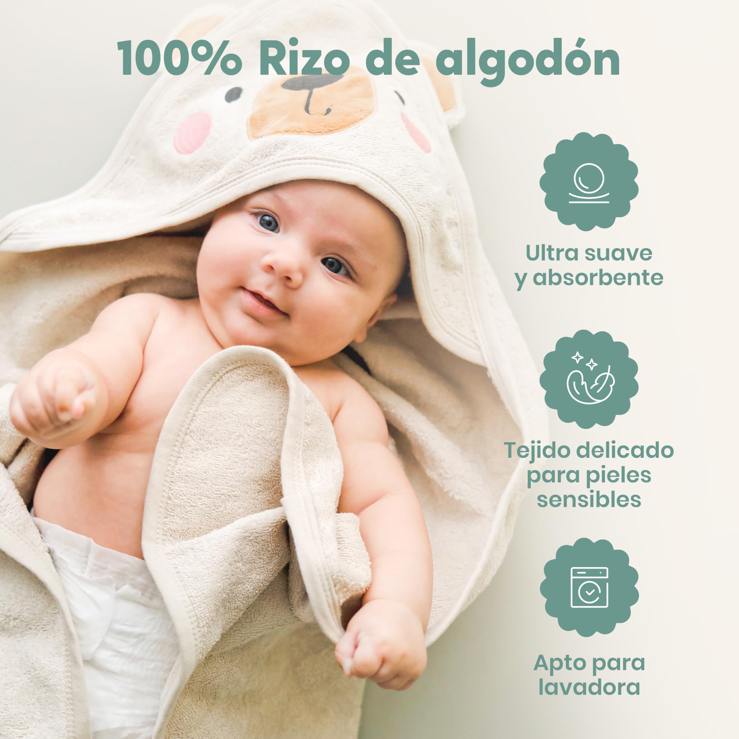 CuddleBug Set de Capa de Baño con Capucha y Manopla para Bebé - 100% Algodón Rizo Premium - Toalla Infantil Ultra Suave y Absorbente para Recién Nacidos y Niños (85 x 85 cm) - Bear — view 3