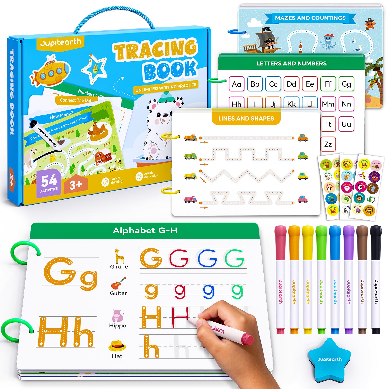 Vorschul-Lernaktivitäten, 54 wiederverwendbare Seiten, Nachspurbücher für Kinder von 3-5 Jahren, Beschäftigungsbuch für Kleinkinder, Schreibübungshefte für den Kindergarten, Lernspielzeug für Kinder