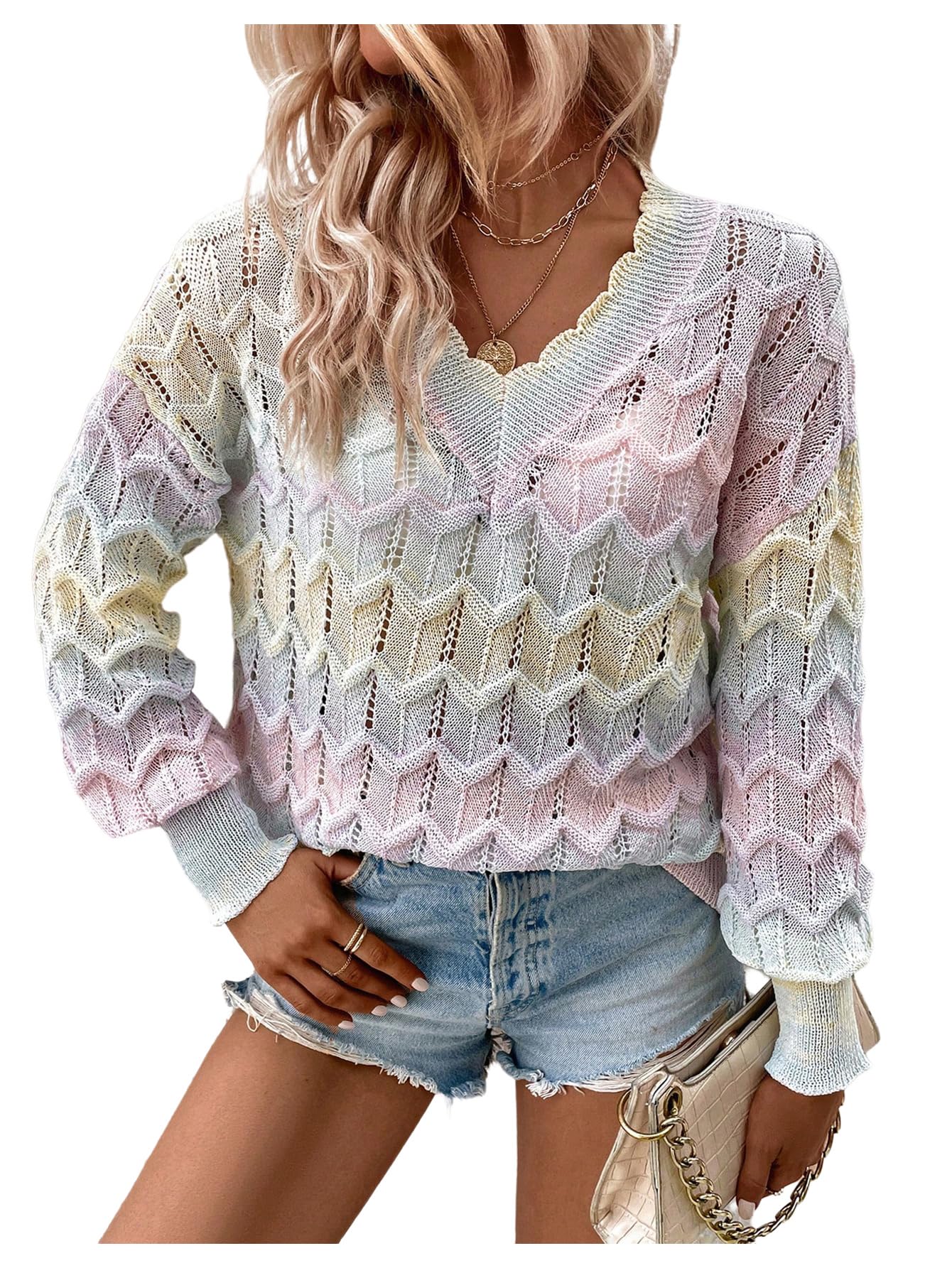 Floerns Womens Rainbow Pointelle Knit Fall Sweaters V Neck Long Sleeve Crochet Pullover Tops