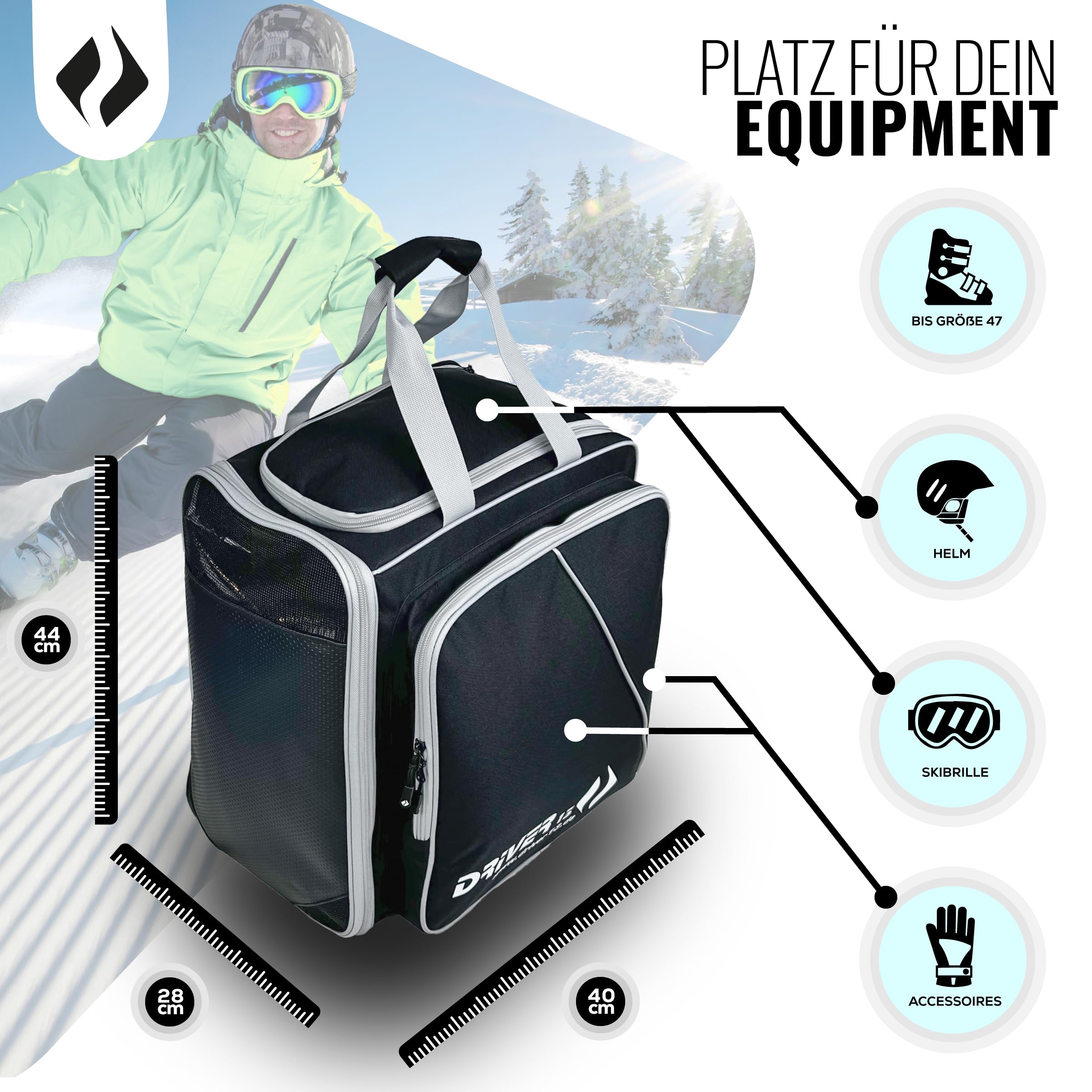 Driver13 ® Mochila para Botas de esquí con Compartimento para Casco + Mochila para Reloj de esquí con Compartimento para Casco para Botas duras + de Snowboard + inliner + Bolsa para Botas Negro-Gris