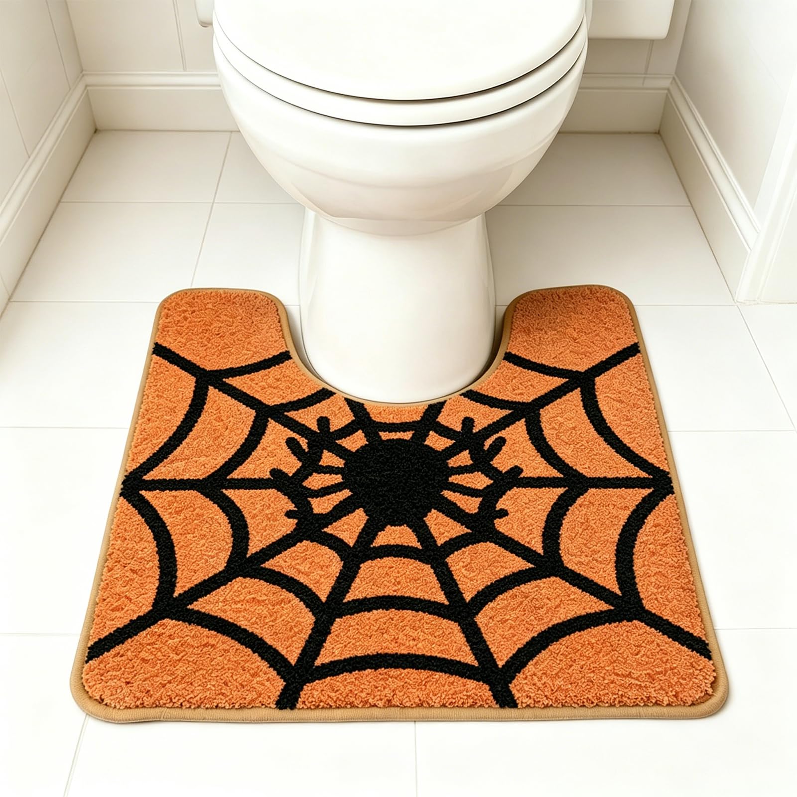 AVEKI Halloween Spider Web Toilet Rug, Plush Microfiber U Shaped Bathroom Mat, Non Slip Rubber Back Absorbent Washable Floor Rug, Floor Carpet for Halloween Bathroom Decor 20" x 22" (U-Spider Web) — image 1