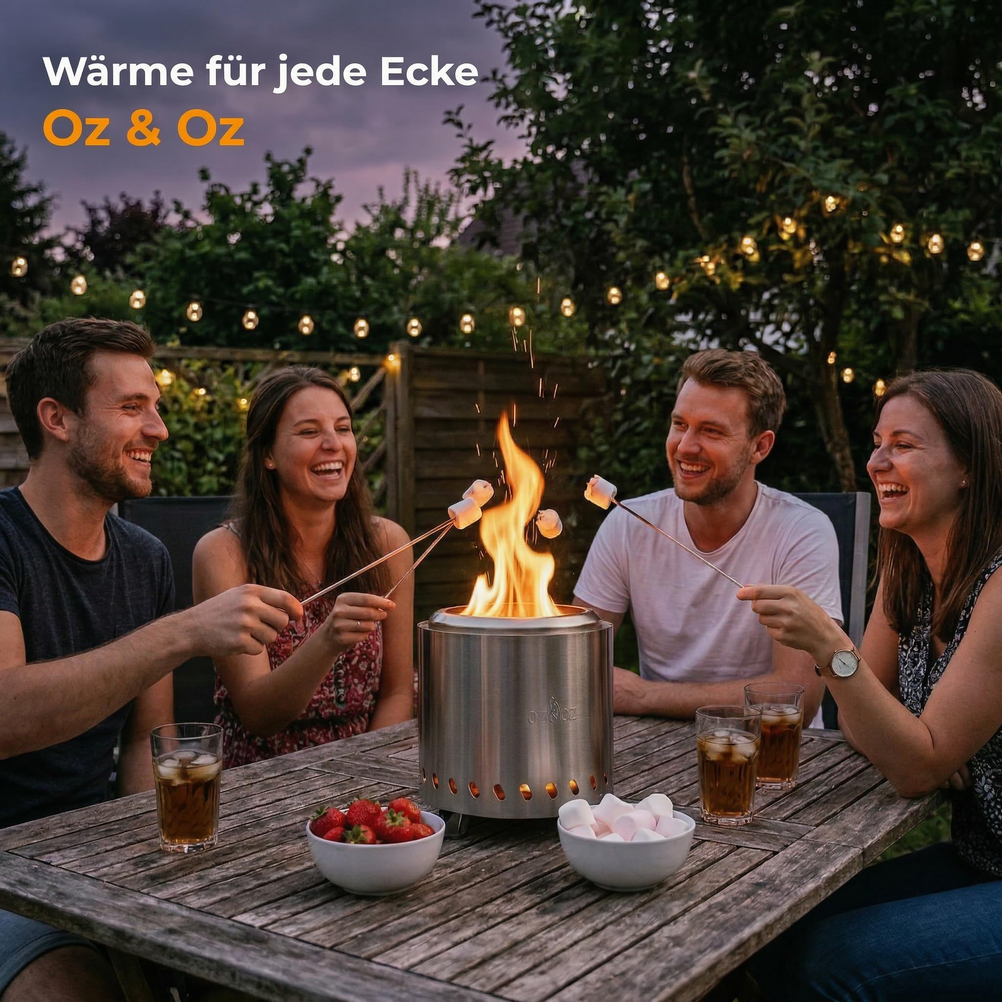 Oz & Oz Tischfeuer - Raucharmer Tischkamin für Pellets und Holz Rauchfrei Feuerstelle Feuerschalen für den Garten Outdoor Gartendeko Feuerkorb Terrassenofen Garten Deko Draußen, Silber, 26 cm