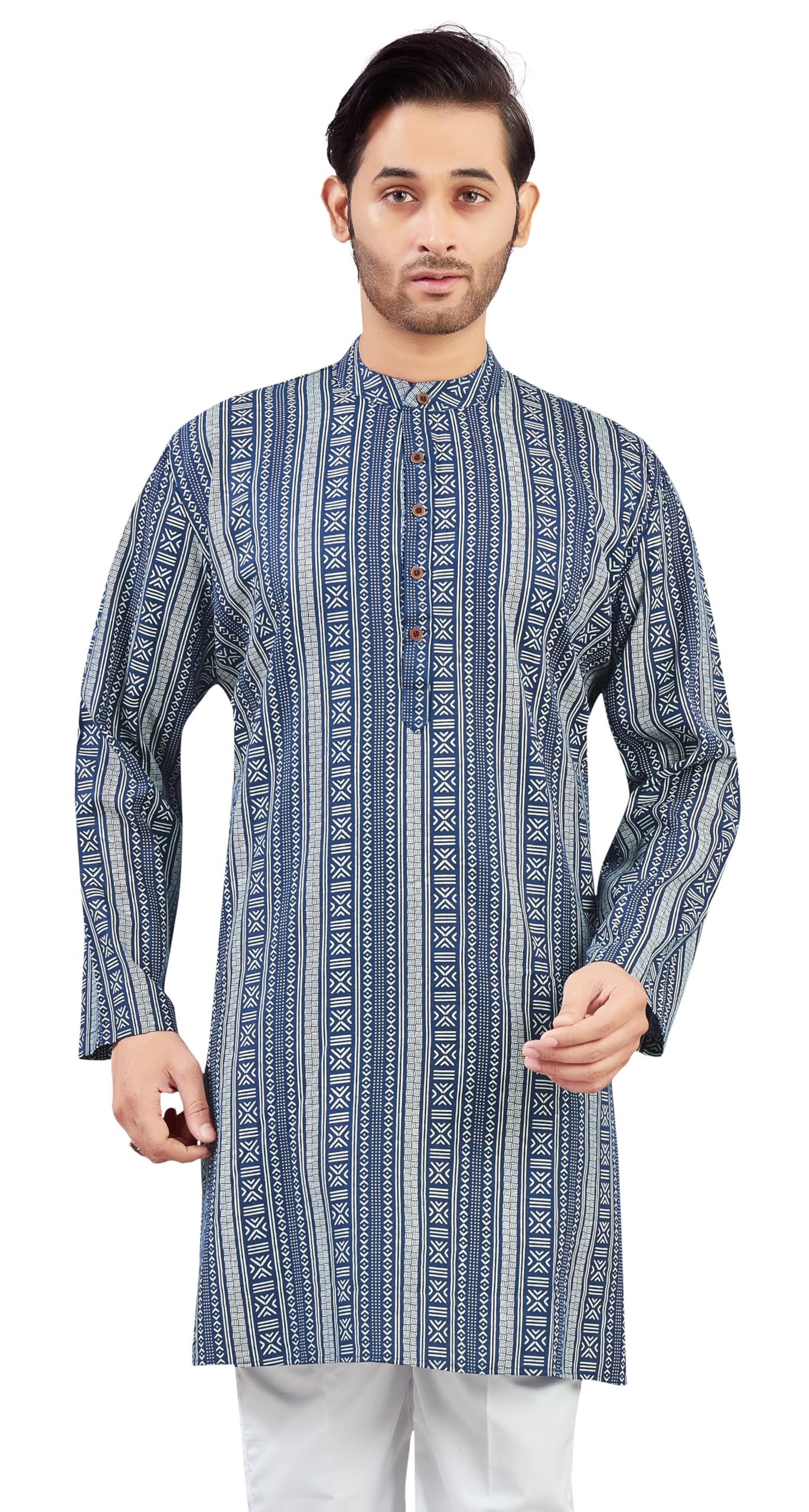 studio shringaar Men's Navy Blue Cotton Turkish Printed Knee Length Relax Fit Kurta (Navy Blue, XL)-picture-15
