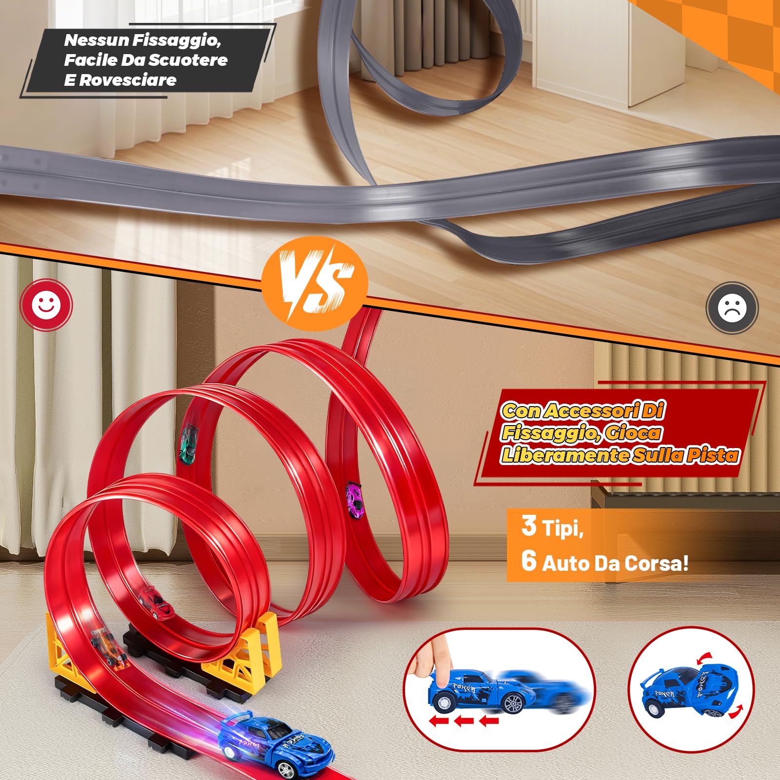 Pista Macchinine 5M Pista Flessibile Macchinine 4 Macchinine 2 Rampe 1 Borsa Portaoggetti 4 Ventose Regalo Flexible Car Track per Bambini 4 5 6 7 Anni (Rosso)