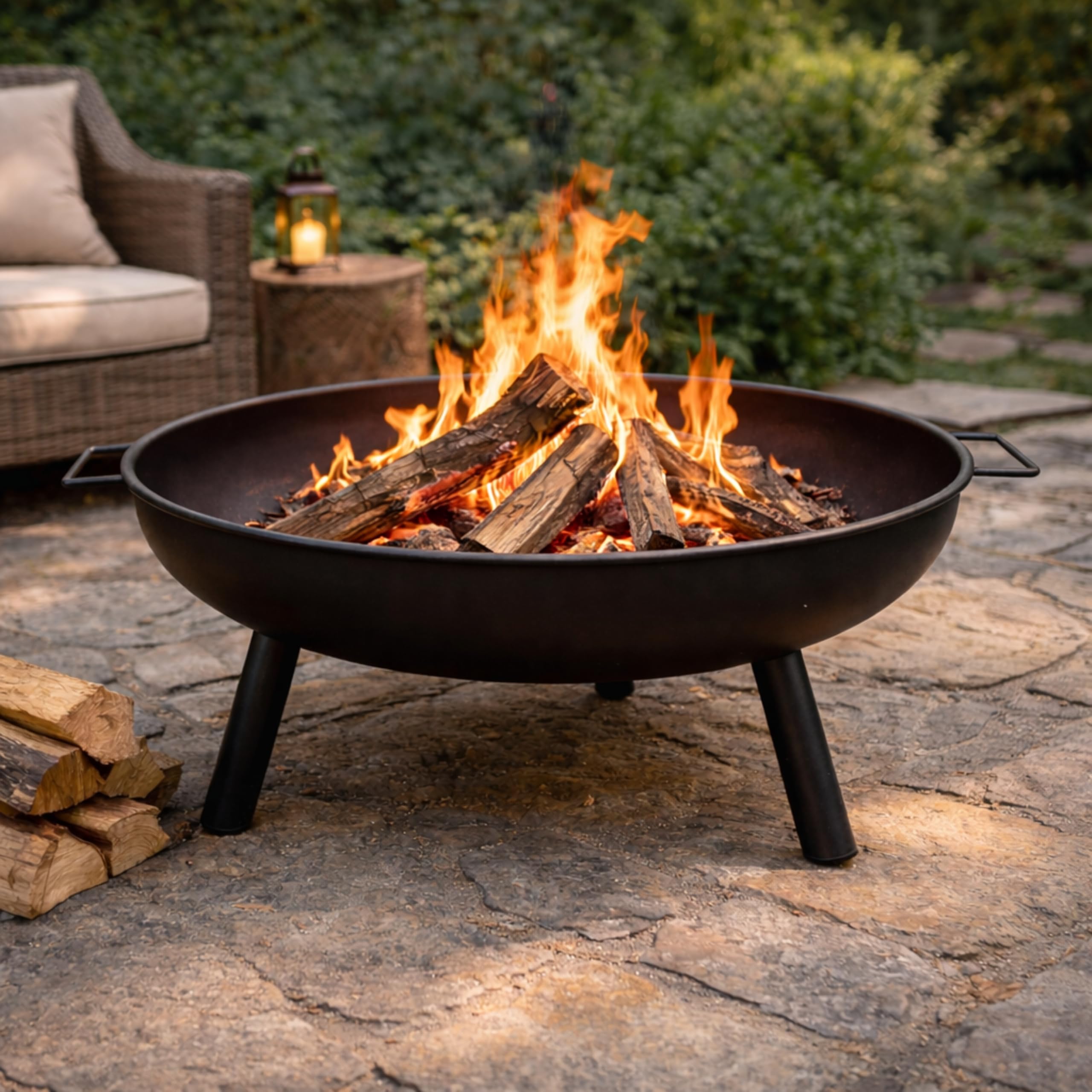 Garden Mile Outdoor Fire Pit Bowl 58cm Large Round Steel Garden Fire Pit with Handles Portable Wood Burning Fire Bowl with 3 Legs Heat Resistant Powder Coated Firepit for Patio, Camping, Bonfire