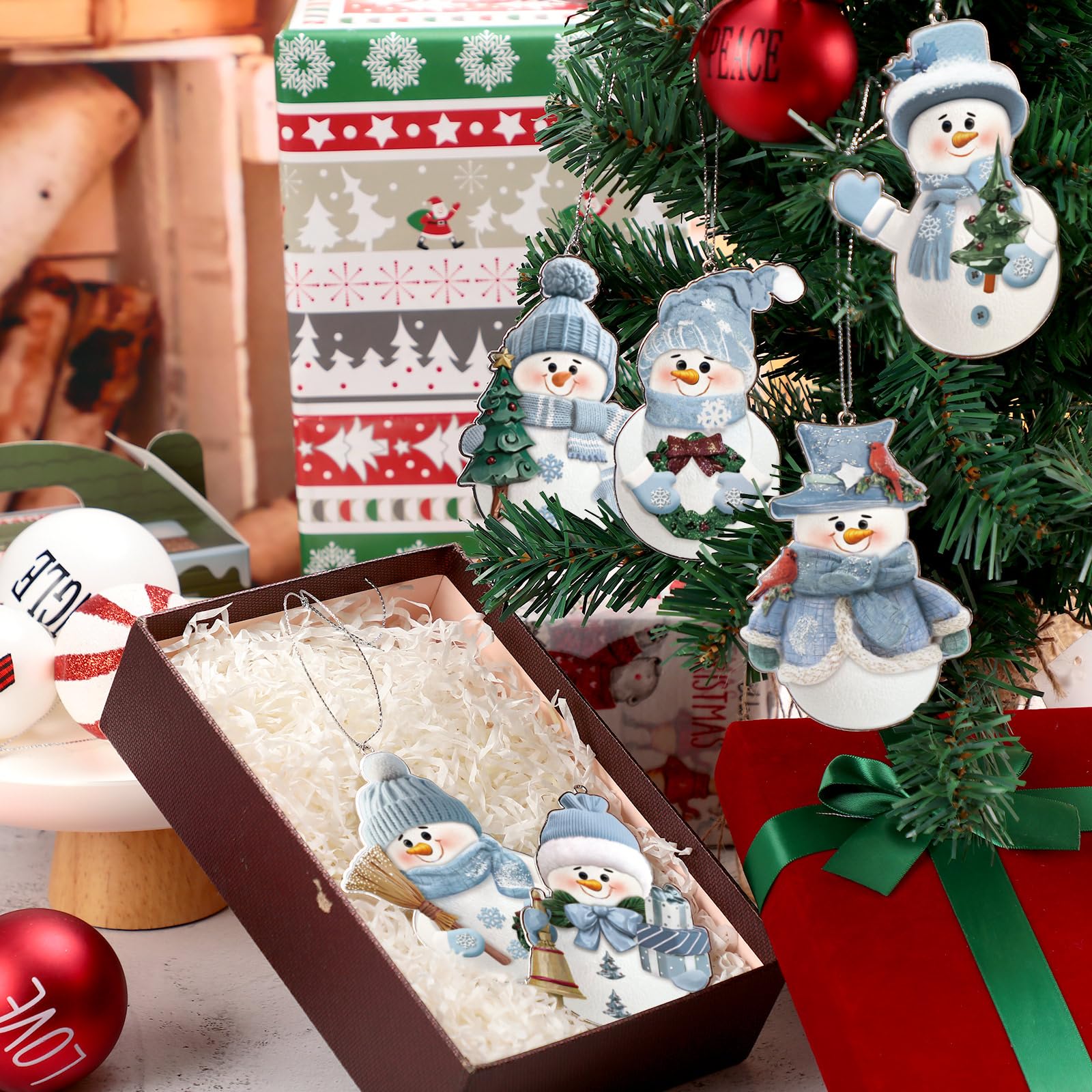 Barydat 6 ornamenti invernali a forma di pupazzo di neve, in metallo, glitterati, assortiti, blu e argento, decorazioni invernali per feste di Natale, vacanze invernali nel paese delle meraviglie
