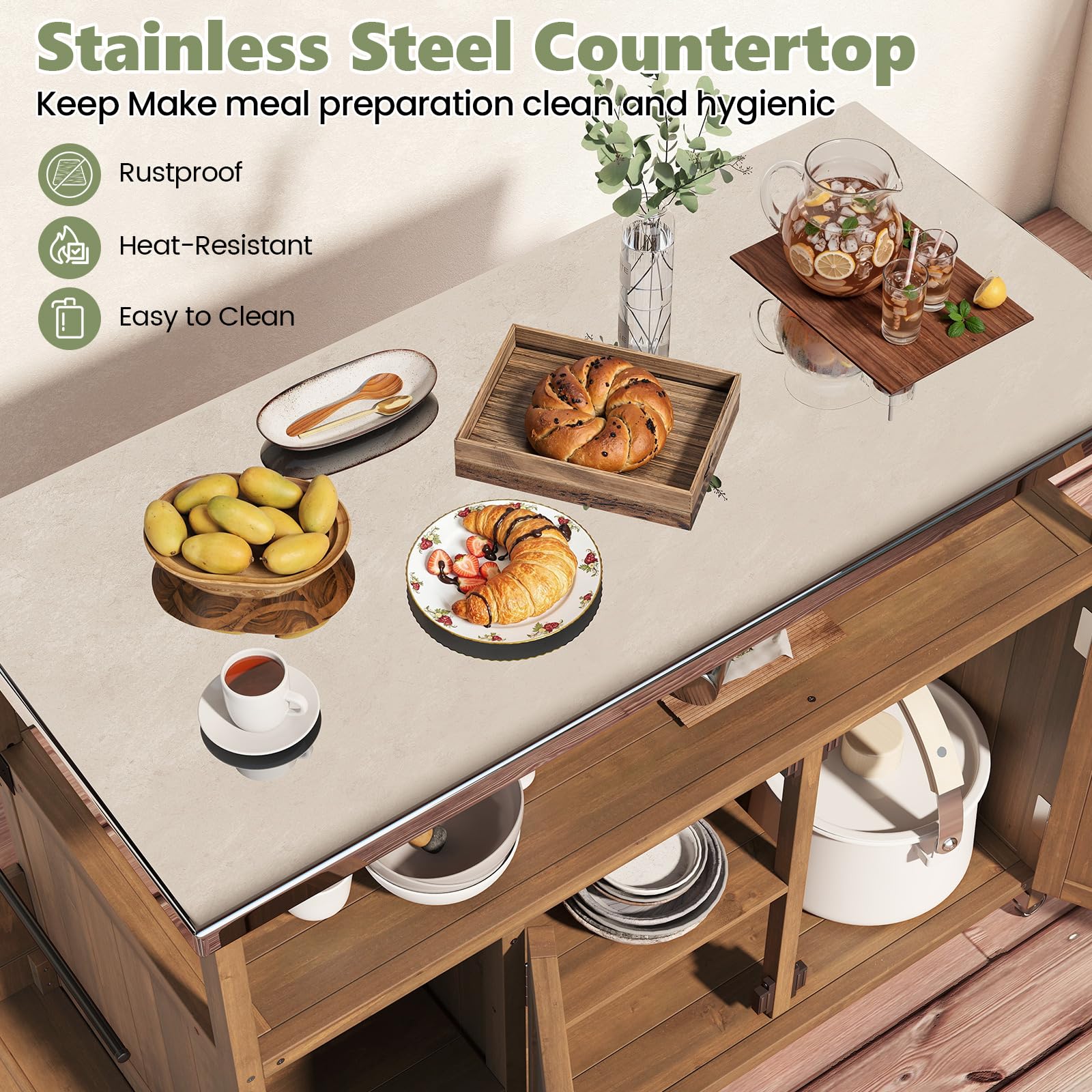 FANTASK Grillwagen Outdoor, Servierwagen mit Edelstahlplatte, Ablagen, Schrank & Gewürzregal auf Rollen für BBQ, 130 x 47 x 92 cm (1 Tür-118 x 47 x 92 cm)