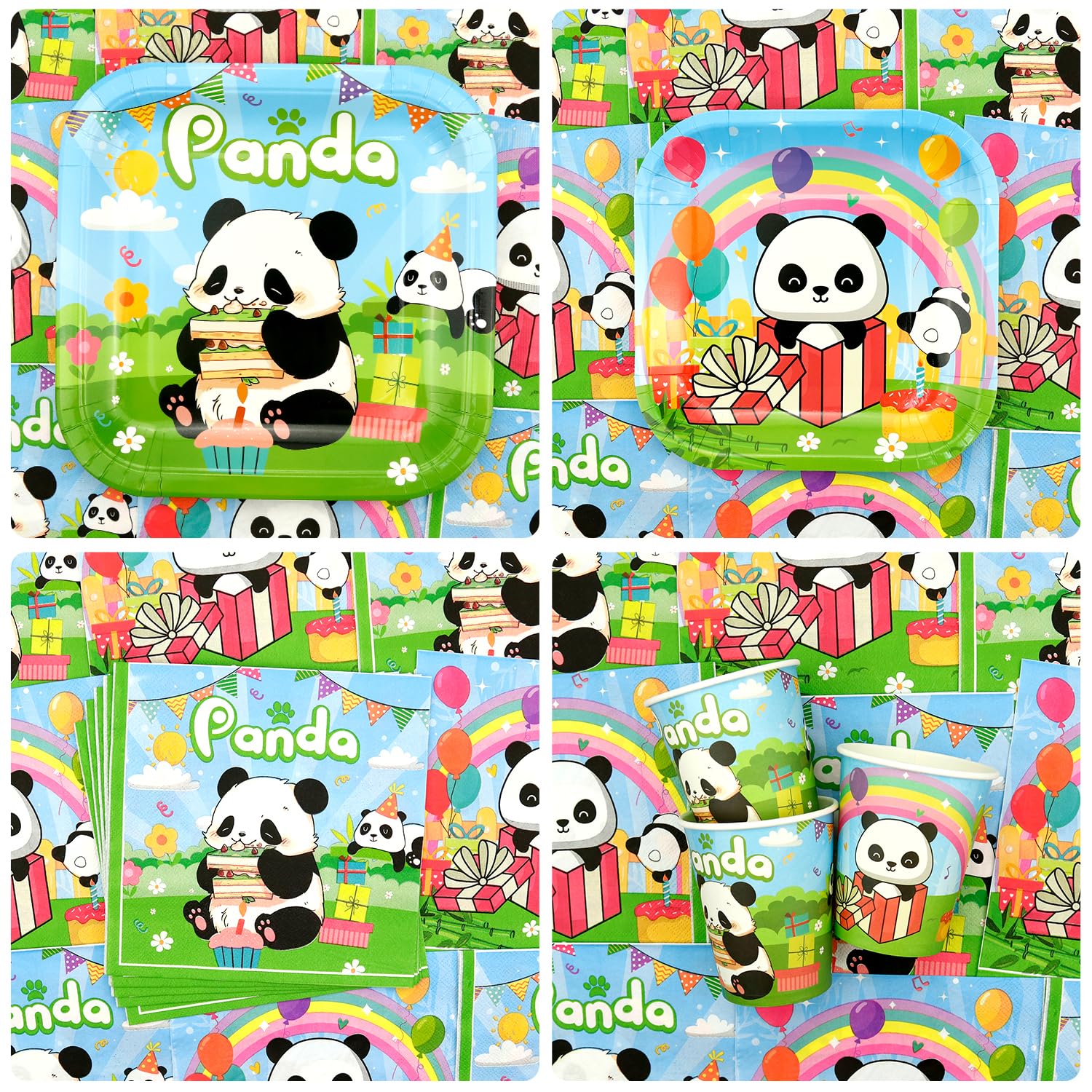 Decorazioni per feste a forma di panda, accessori per feste a forma di panda, tra cui striscione, piatto, topper per torte, bicchieri, tovaglioli, palloncini, tovaglia, per 20 persone (BJ)