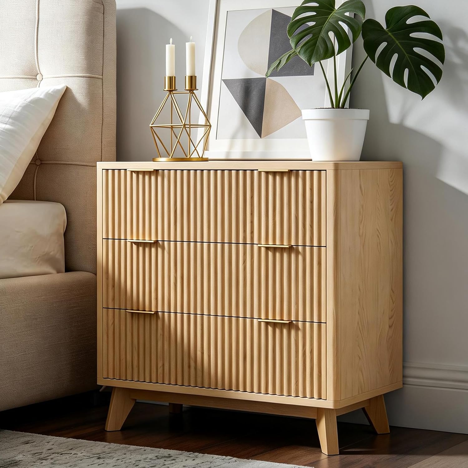 32” Tall Nightstands Set of 2 with Fast Charging Station, 32’’ Wide Fluted Night Stand with 3 Large Drawers, Modern End Table Beside Table for Bedroom, Curved Profile Design, Natural