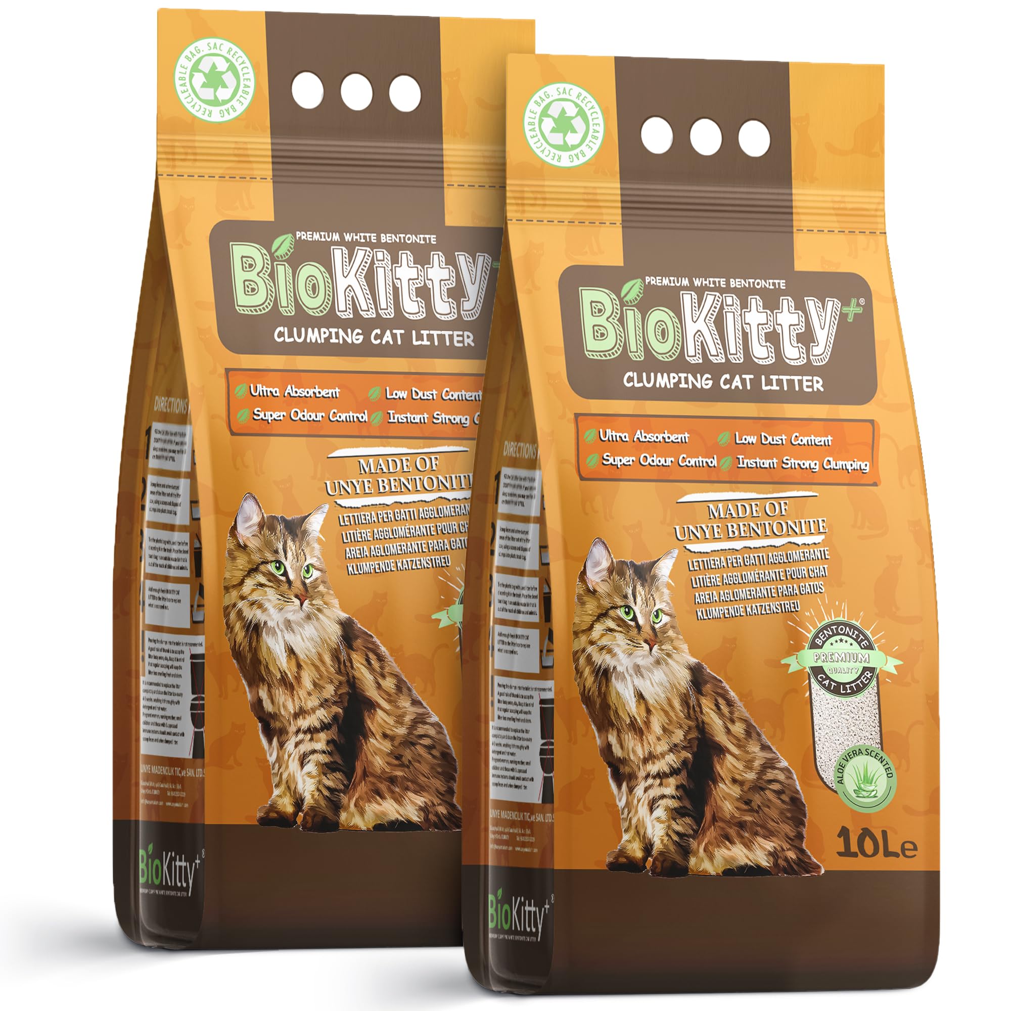 BioKitty Clumping Cat Litter, 20L Highly Absorbent Natural Bentonite Clay Litter, Long Lasting Odour Control, Maximum Hygiene with Strong Clumping Litter (Aloe Vera, Pack of 2)
