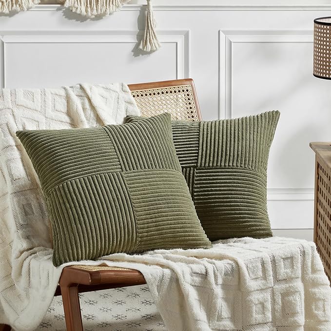 Fancy Homi 2 Packs Olive Green Long Lumbar Decorative Throw Pillow Covers 12x24 Inch for Couch Bed Sofa, Rustic Farmhouse Boho Home Decor, Soft Striped Corduroy Rectangle Accent Cushion Case 30x60 cm