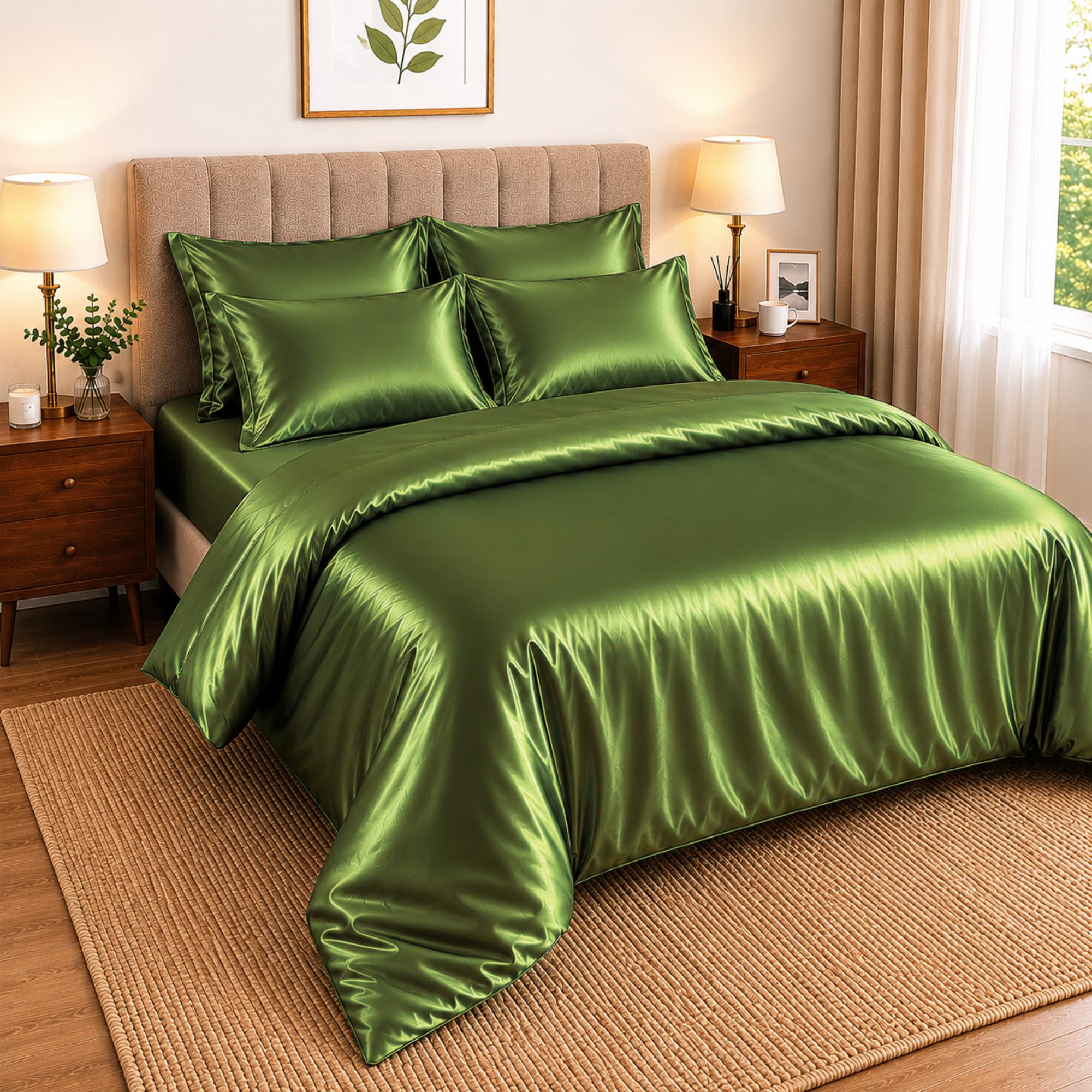 Hadi London Satin Silk 6 Piece Complete Bedding Set with Silky Deep Fitted Sheet Reversible Duvet Cover Comforter & 4 Pillowcases for Single Double King Super King Size Bed (Olive, King)