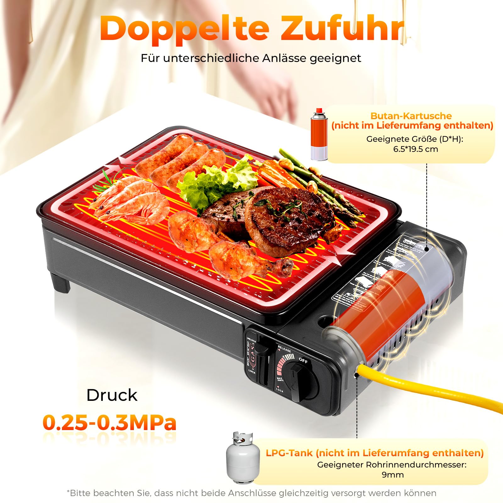 Camping Gasgrill, 2-in-1 Tragbarer Tischgrill mit Tragetasche, Abnehmbarer Grillplatte, Gaskocher für Kartuschen, Campingkocher für Outdoor BBQ, Terrasse und Reisen