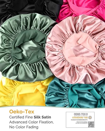 Miniatura 6 de YANIBEST - Gorro de satén de seda para dormir, gorro negro de doble capa con forro de satén con banda de amarre para mujer con cabello naturalmente