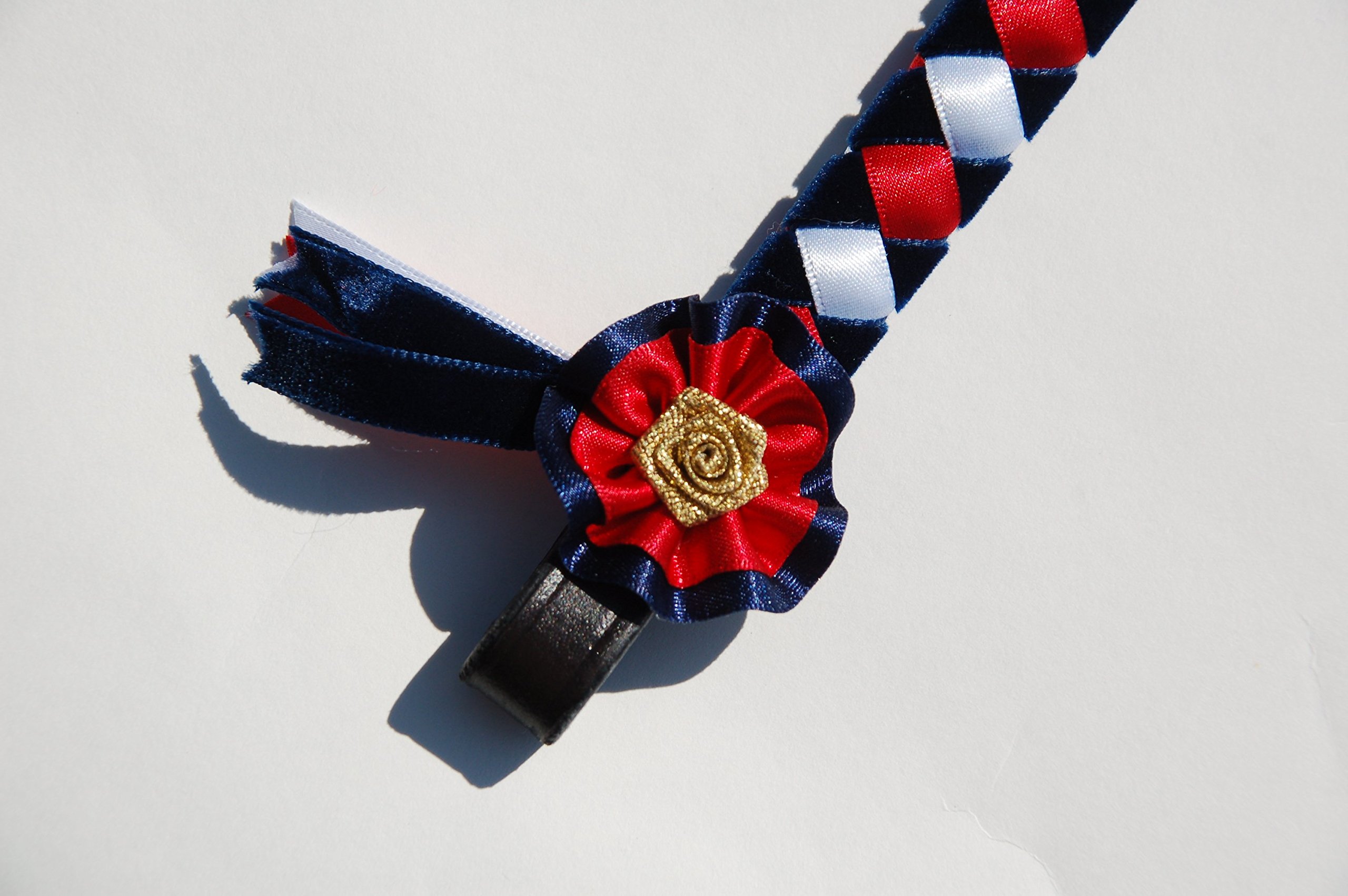 IV Horse Velvet and Satin Browbands with Mini Rosettes sizes small pony to extra full (Navy Red and White, Cob)
