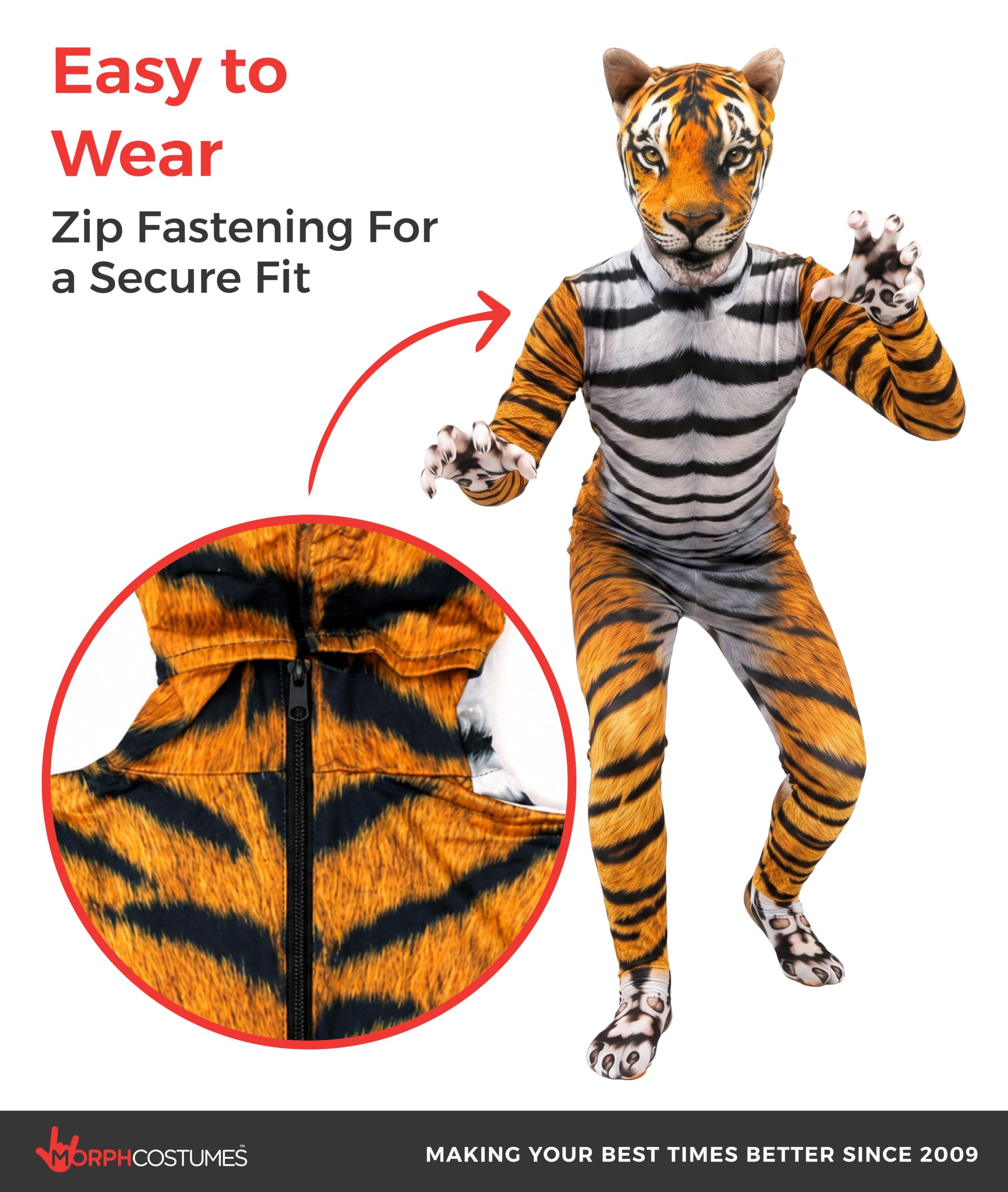 Morphsuits Disfraz Tigre Niño, Disfraz de Felino Halloween Niño | Mono Integral con Estampado de Tigre, Cierre de Cremallera, Perfecto para Halloween, Ideal para Cosplay