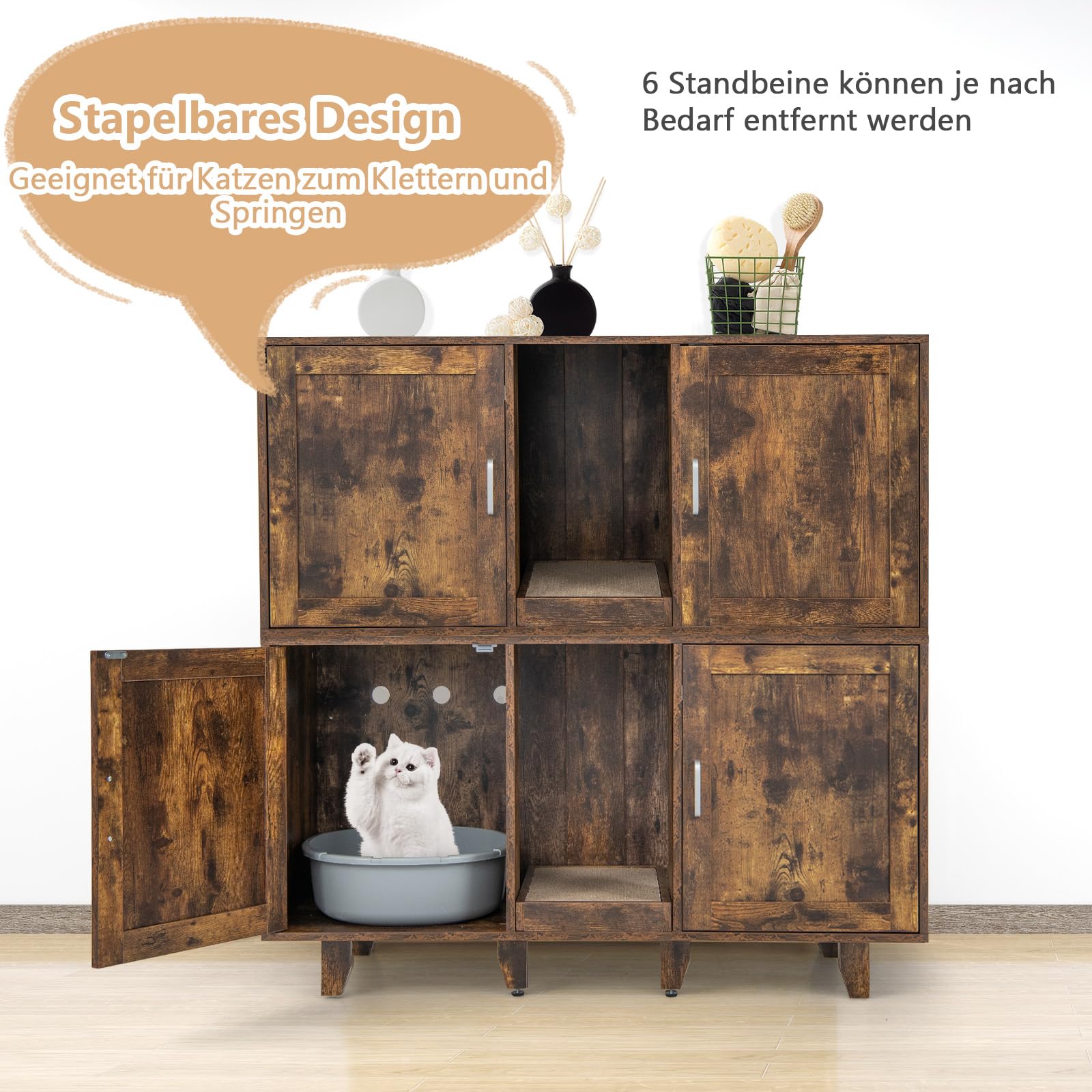 GOPLUS 3 in 1 Katzenschrank, Katzentoilette mit 2 Türen & abnehmbaren Beinen & herausnehmbarem Kratzbrett, Katzenhöhle Beistelltisch TV-Ständer für 2 Katzen, 120x52x65cm (Vintage)