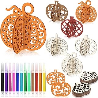 MotiMind 60 Pcs Fall Crafts Set 48 Pcs Wooden Pumpkin to Paint for Thanksgiving Crafts Unfinished Wood Slices 3D Wooden Pumpkin Cutouts with 12 Colored Pens for Autumn Harvest Tiered Tray Table Decor
