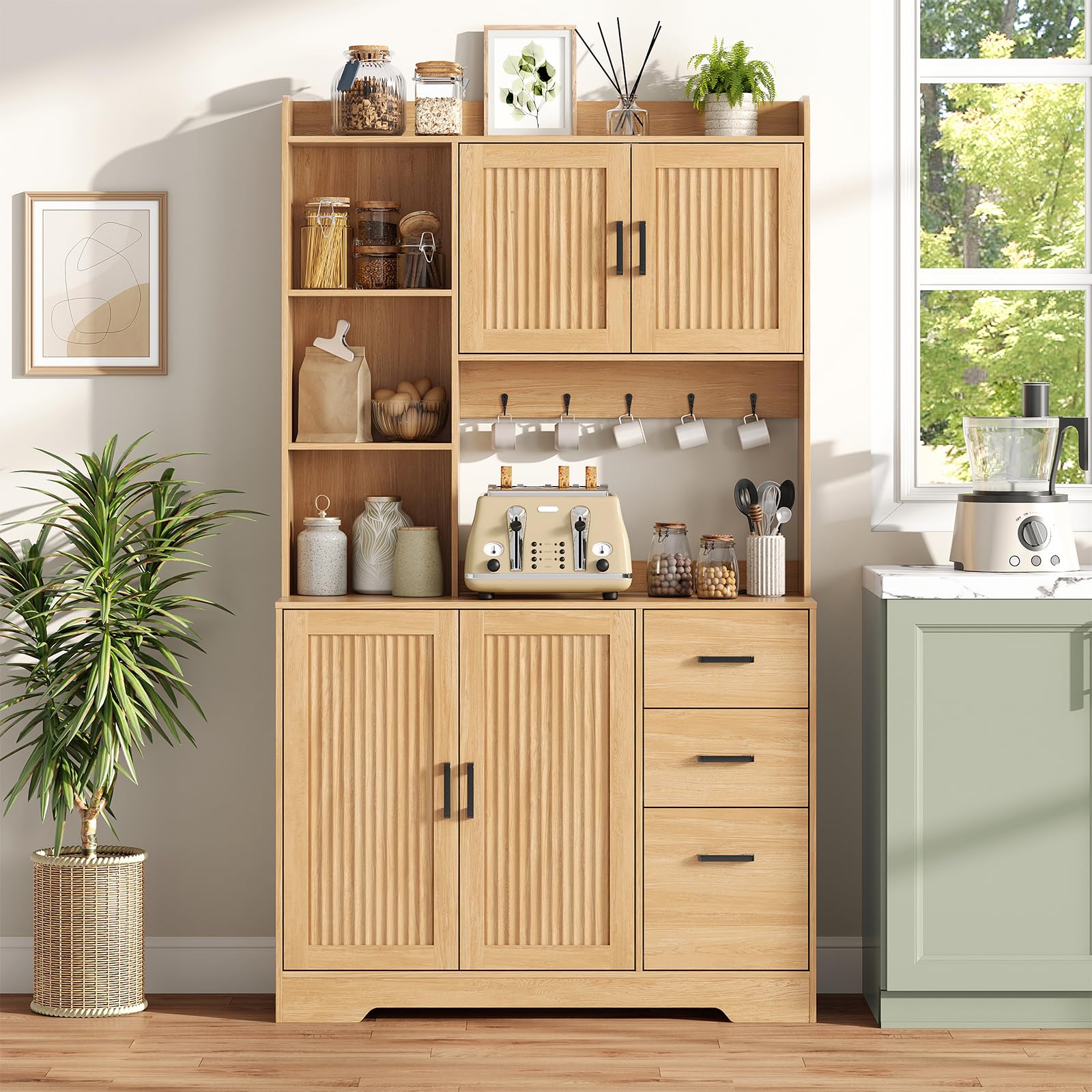 Kitchen Pantry Cabinet with Charging Station, 68" Tall Storage Cabinet with 3 Drawers, 2 Cabinets, Open Shelves, Fluted Doors, Wood Kitchen Hutch with Microwave Stand for Dining Room Living Room
