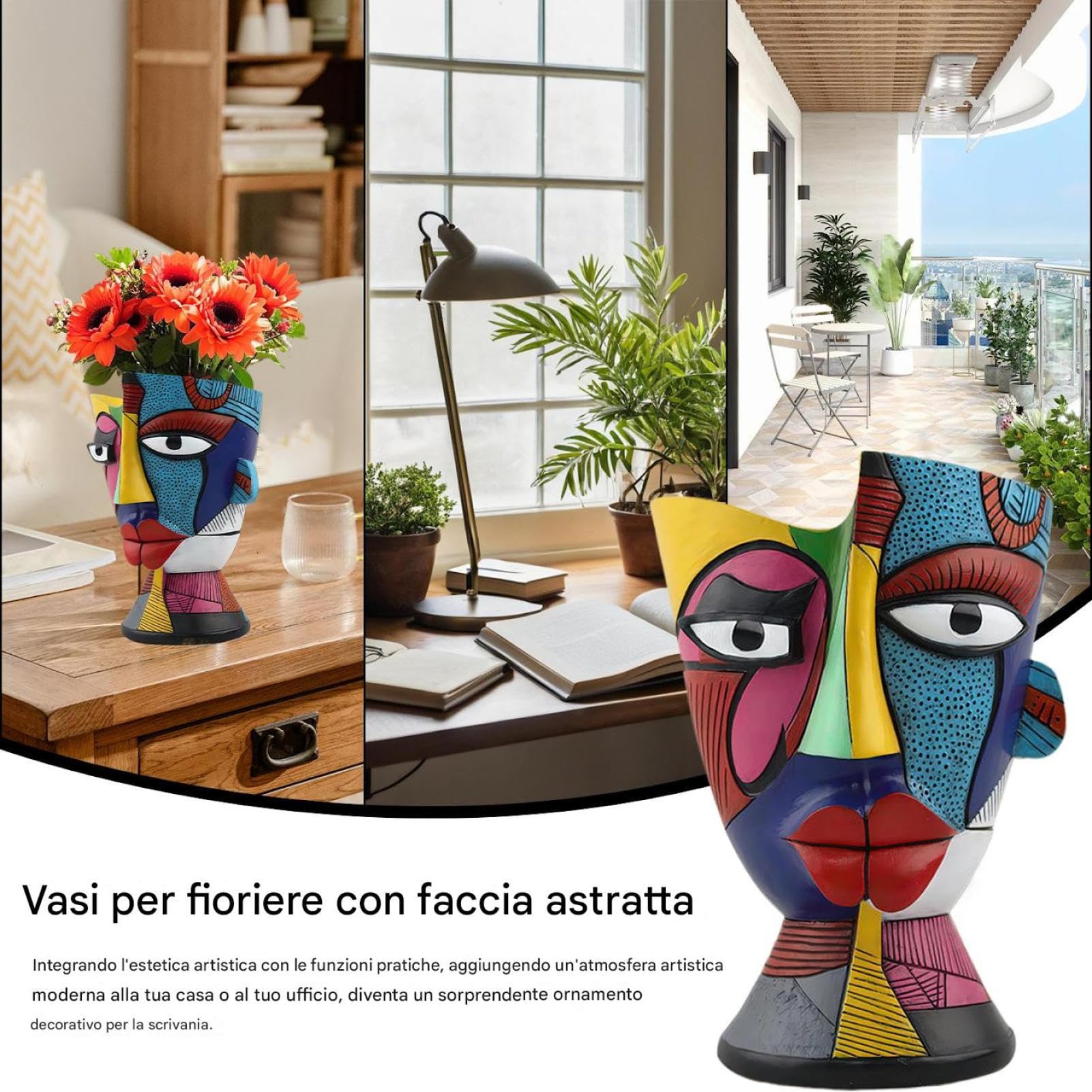Pićasso Abstract Face Pot - Blumenkübel aus Harz, einzigartiges menschliches Gesichtsdesign, bunter dekorativer Vase mit Drainagelöchern | Behälter für Sukkulenten für den Innen- und Außenbereich für