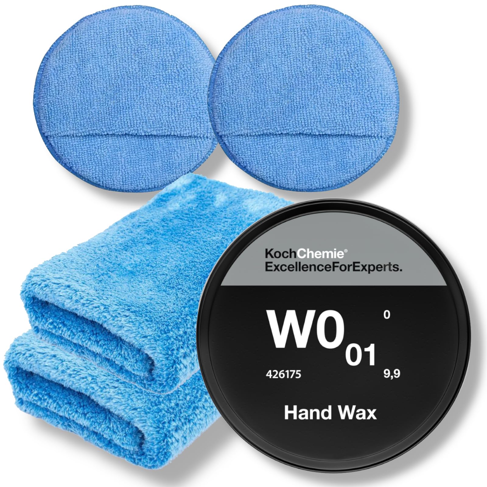 Koch Chemie Hand Wax W0.01 High End Autowachs Versiegelung Set | Lackschutz Autowachs | wasserabweisende Lackvesiegelung mit 2 Mikrofaser Poliertücher & 2 Mikrofaser Applikatoren