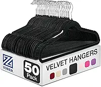 Zober Pacote com 50 cabides de veludo - cabides pretos resistentes para casacos, calças e roupas sociais - Conjunto de cabides antiderrapantes - Cabides de feltro para roupas que economizam espaço