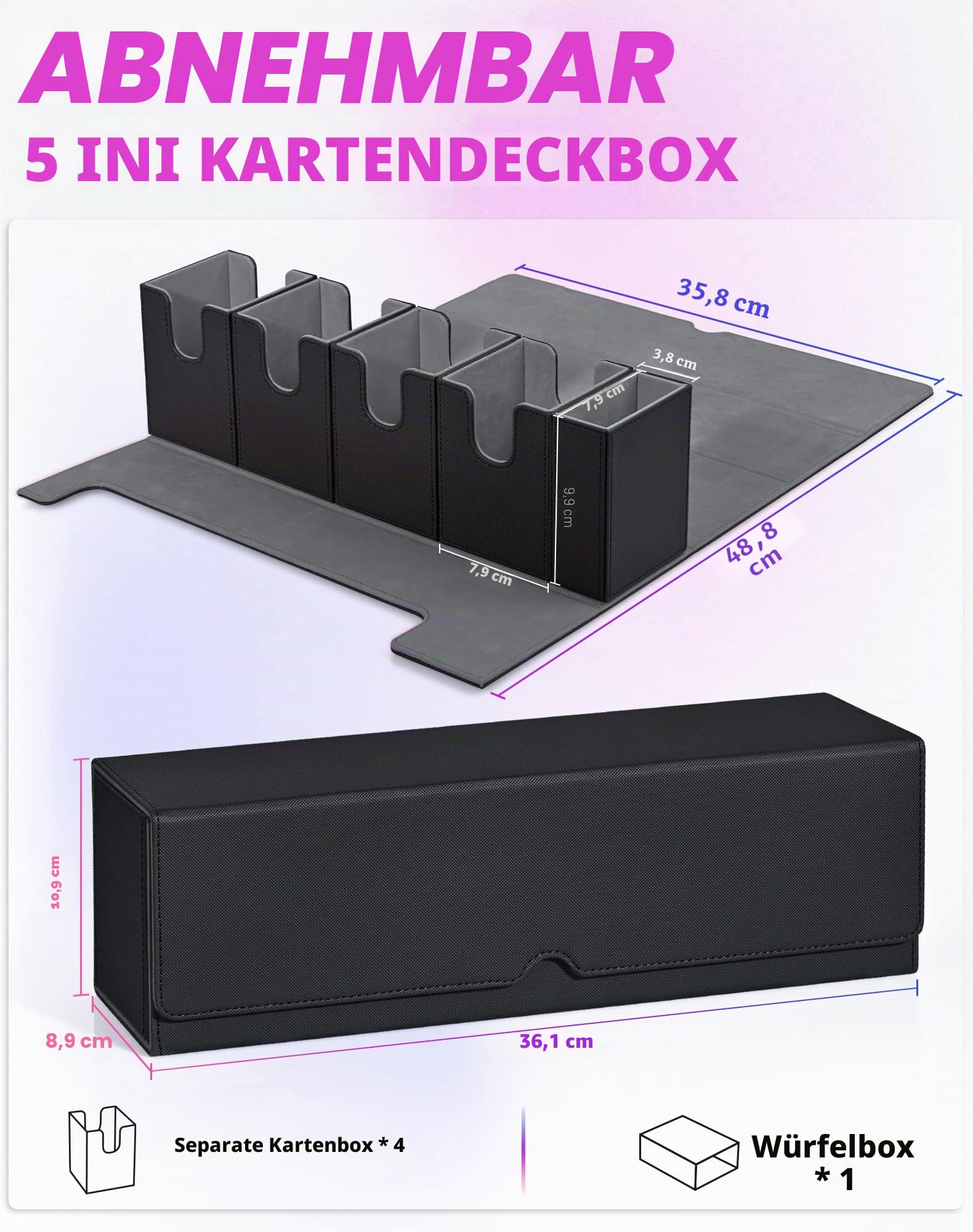 UAONO Sammelkarten Box mit Würfelablage für MTG,Premium-Kartenbox mit starkem Magnet zur Aufbewahrung für Magic Commander TCG CCG Karten (Schwarz，5 in 1)