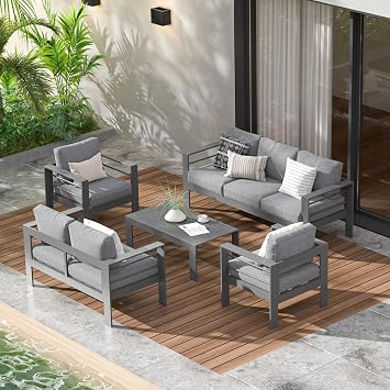 RoyalCraft Aluminum Patio Furniture Set,5 Pieces Modern Outdoor Conversation Set Sectional Sofa with Upgrade Cushion and Coffee Table,Grey
