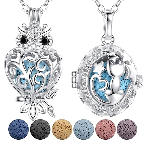 Paquete de 2 collares difusores de piedra de lava de animales lindos para mujeres, juego de joyas de aromaterapia de aceite esencial, búho sabio y