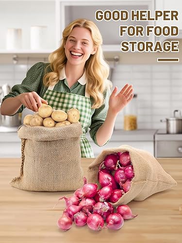 Vista 12 de ANPHSIN 4 bolsas de arpillera natural transpirables – 24 x 40 pulgadas, reutilizables, gruesas, yute, papa, cebolla, almacenamiento de alimentos