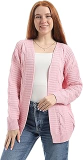 كارديجان صوف سادة للنساء، مفتوح من الأمام، لون وردي، مقاس واحد للجميع