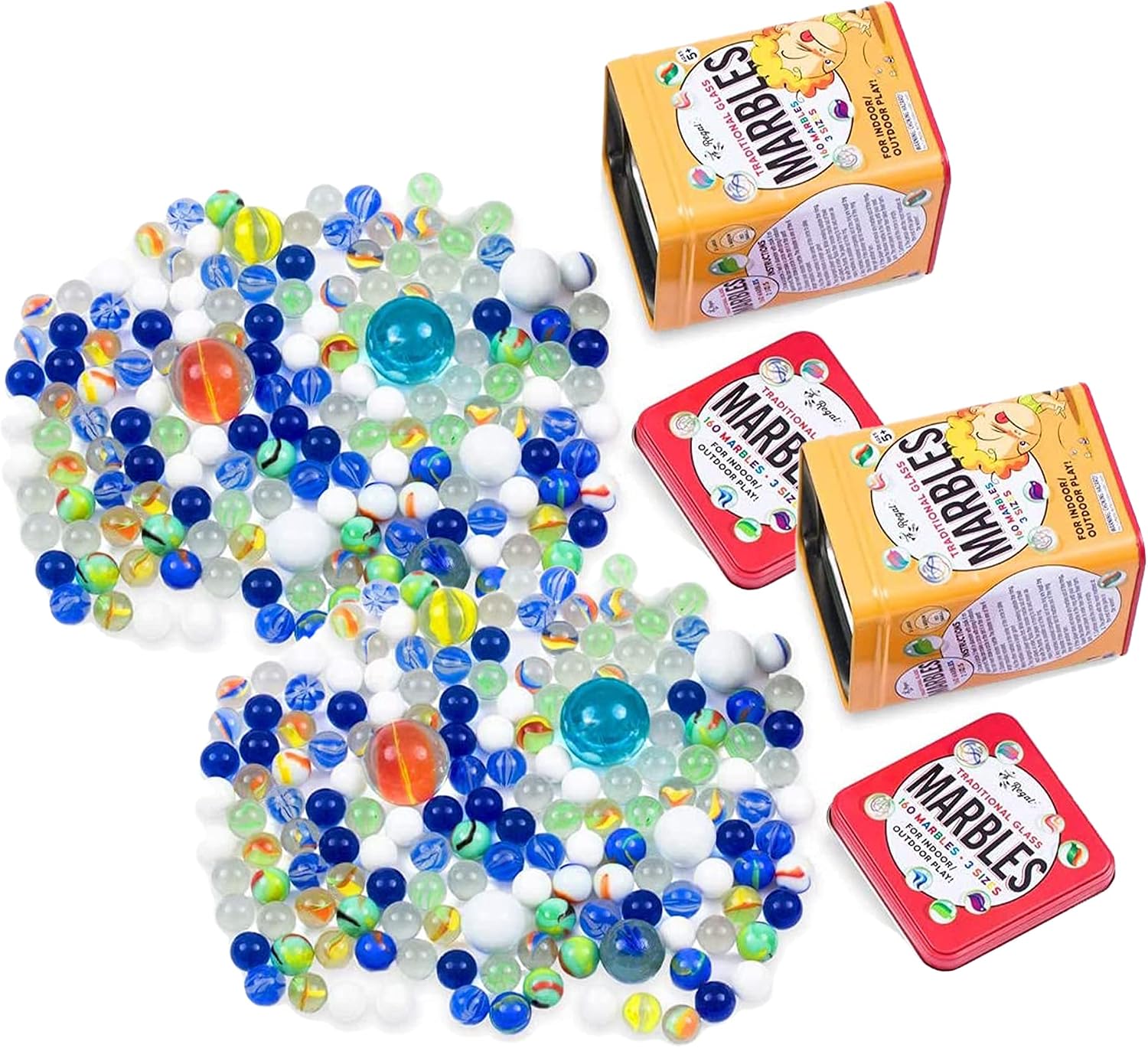 Regal Games 320 Count Traditional Glass Marbles with a Storage Tin (Two Tin's Containing 160 Marbles), 3 Sizes, Variety of Patterns
