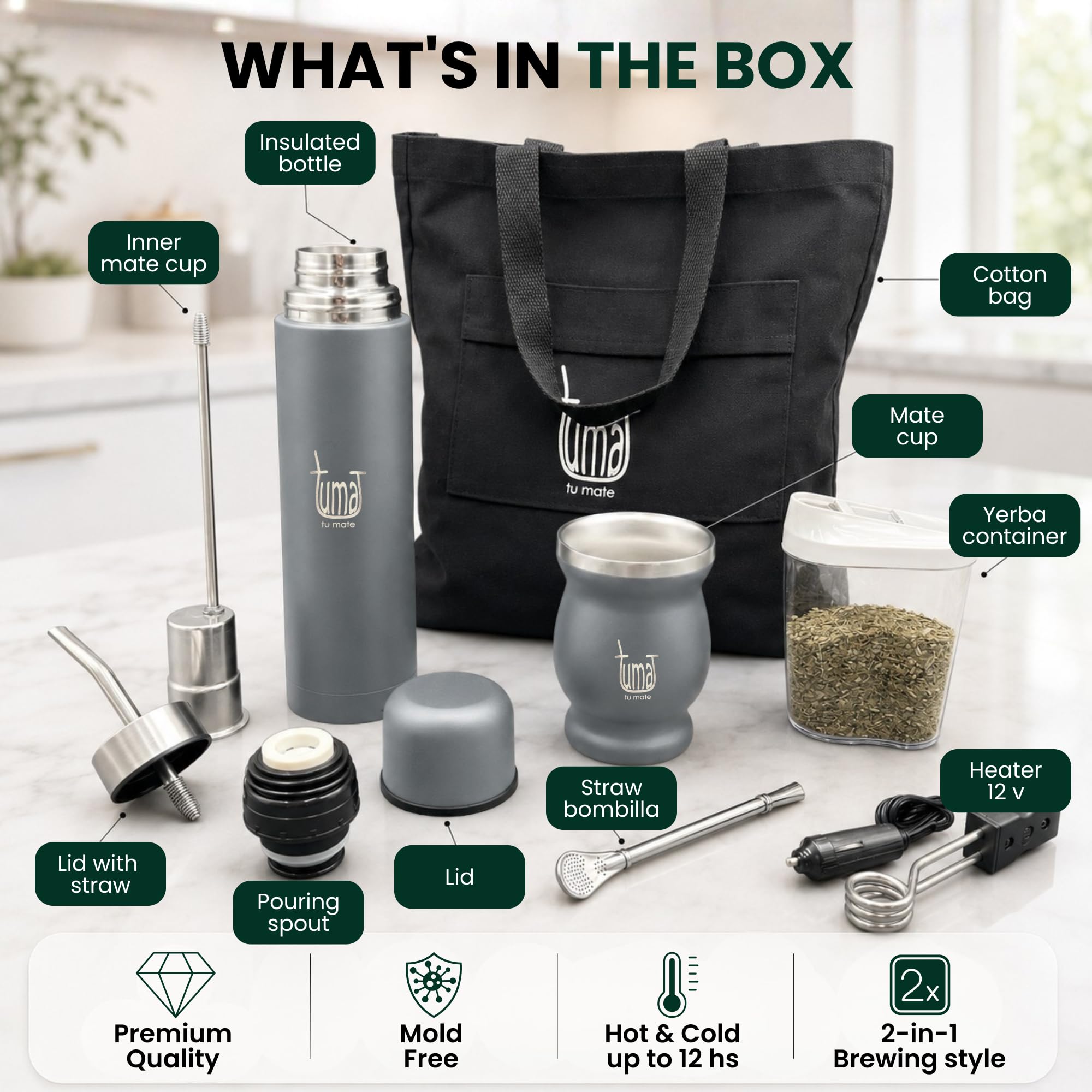 TUMA TU MATE Kit complet Yerba Mate, bouteille isotherme AutoMate à double bouchon, tasse et bombilla, 750 ml double paroi en acier inoxydable, sac en toile, récipient Yerbero et chauffage de voiture