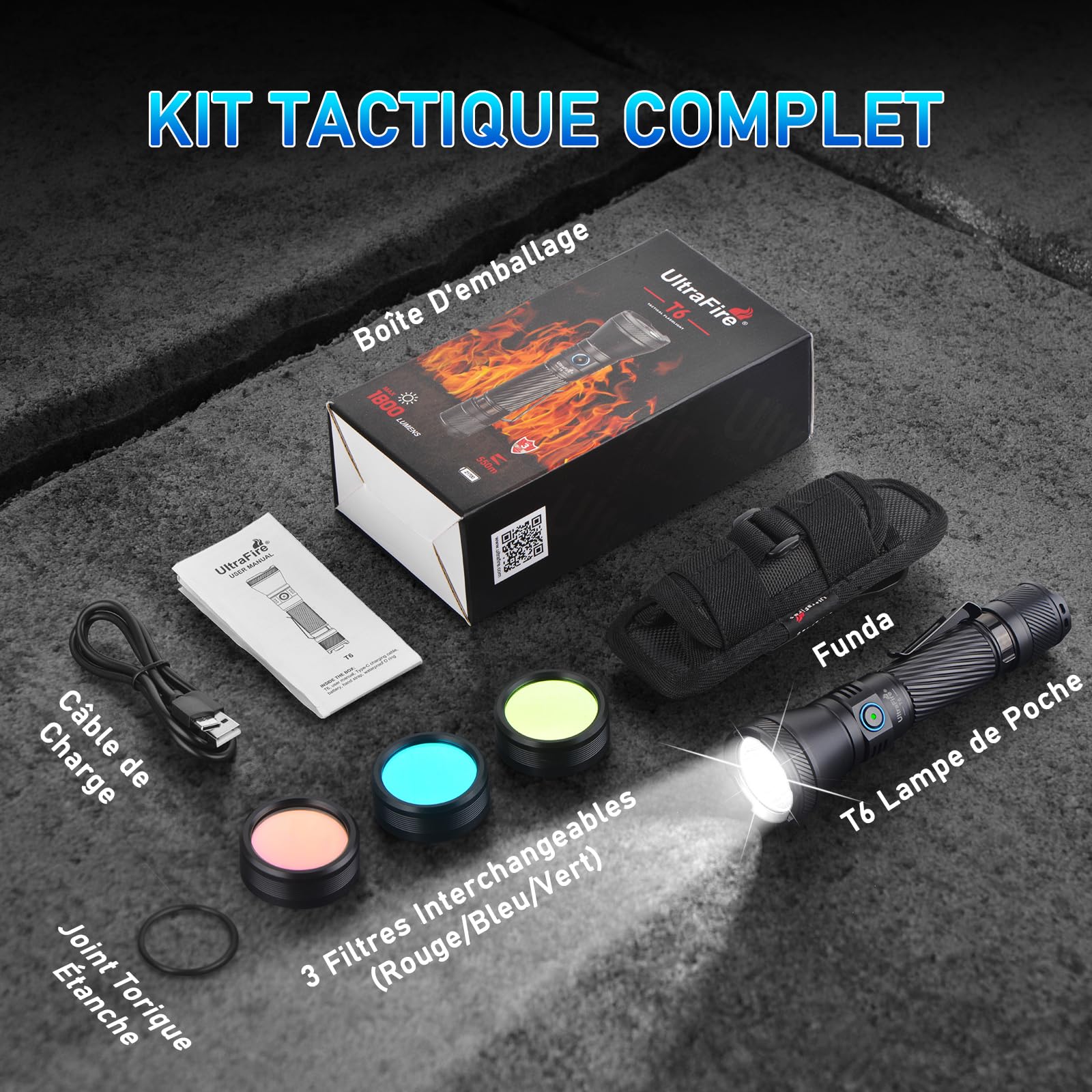 UltraFire Lampe de poche tactique de police avec étui - 1800 lumens - Rechargeable - LED - Pour la chasse - 3 lentilles filtrantes - Rouge/vert/bleu - 1804 FT Throw - 4 modes - Double interrupteur