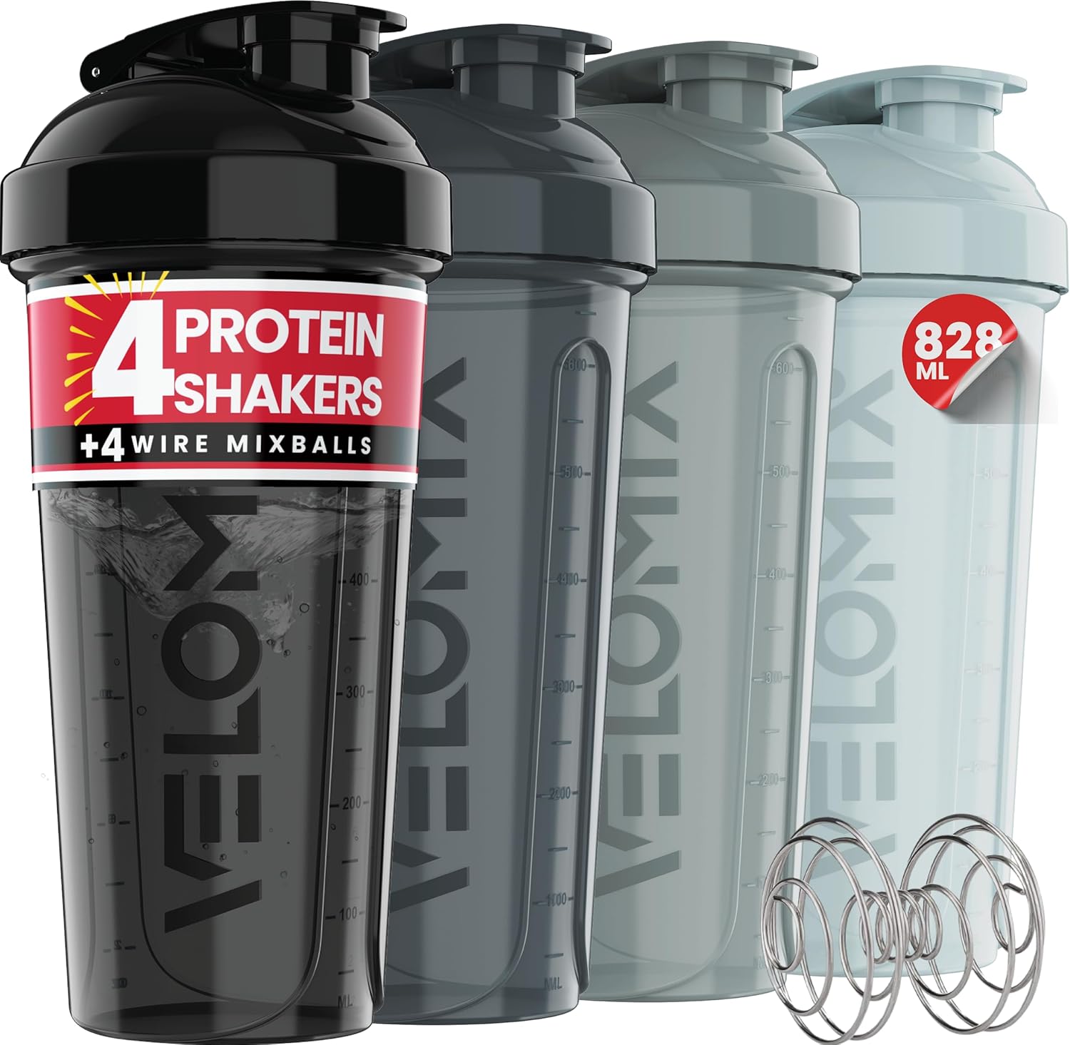VELOMIX -4 PACK- 828ml Protein Shaker Bottle -4x Wire Mixball | Leak Proof Shaker For Protein Shakes | Large, Stackable Protein Shake Bottle | Dishwasher Safe Gym Bottle (Silver Mix)