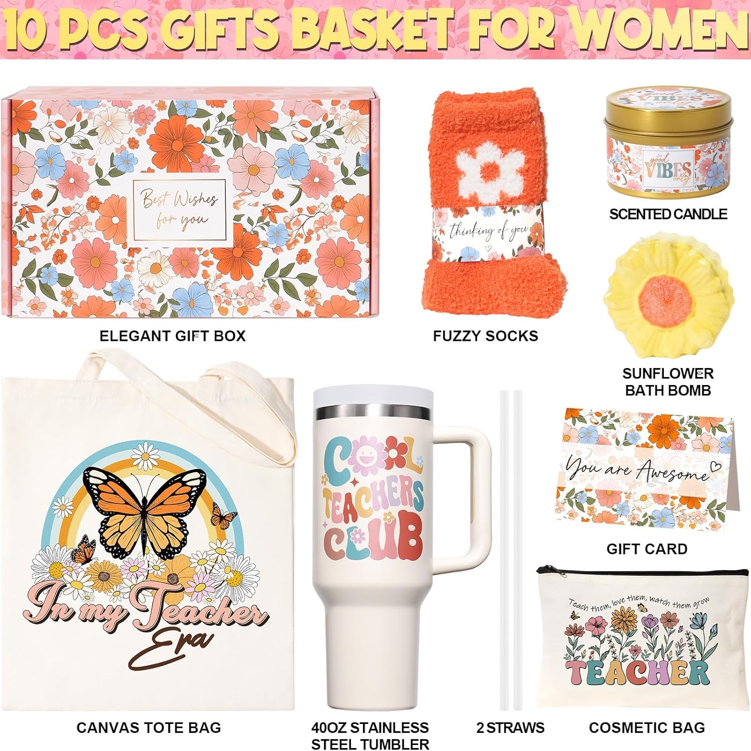 Teacher Gifts for Women, Teacher Birthday Christmas Gifts from Students Thank You Gift for Teachers Appreciation Graduation Retirement Cool Care Package for Teachers with 40 OZ Tumbler Canvas Tote Bag - Image 2