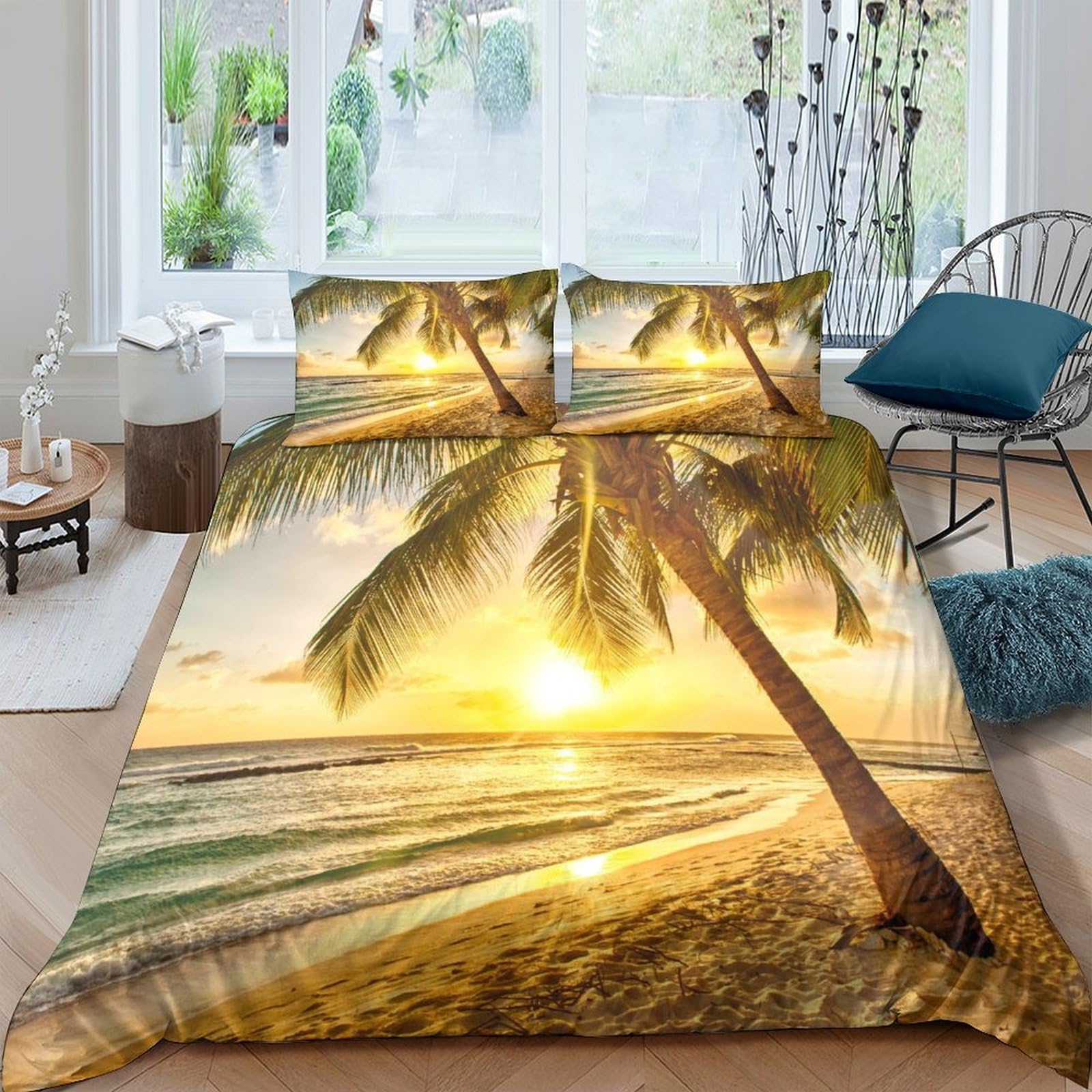 Ctjqhvkz Style-9 3D Printed Sunset Beach Fitted Sheet Microfiber Soft Palm Tree Bed Cover For Bedroom Guest Room Dorm Decor Single（135X200cm）