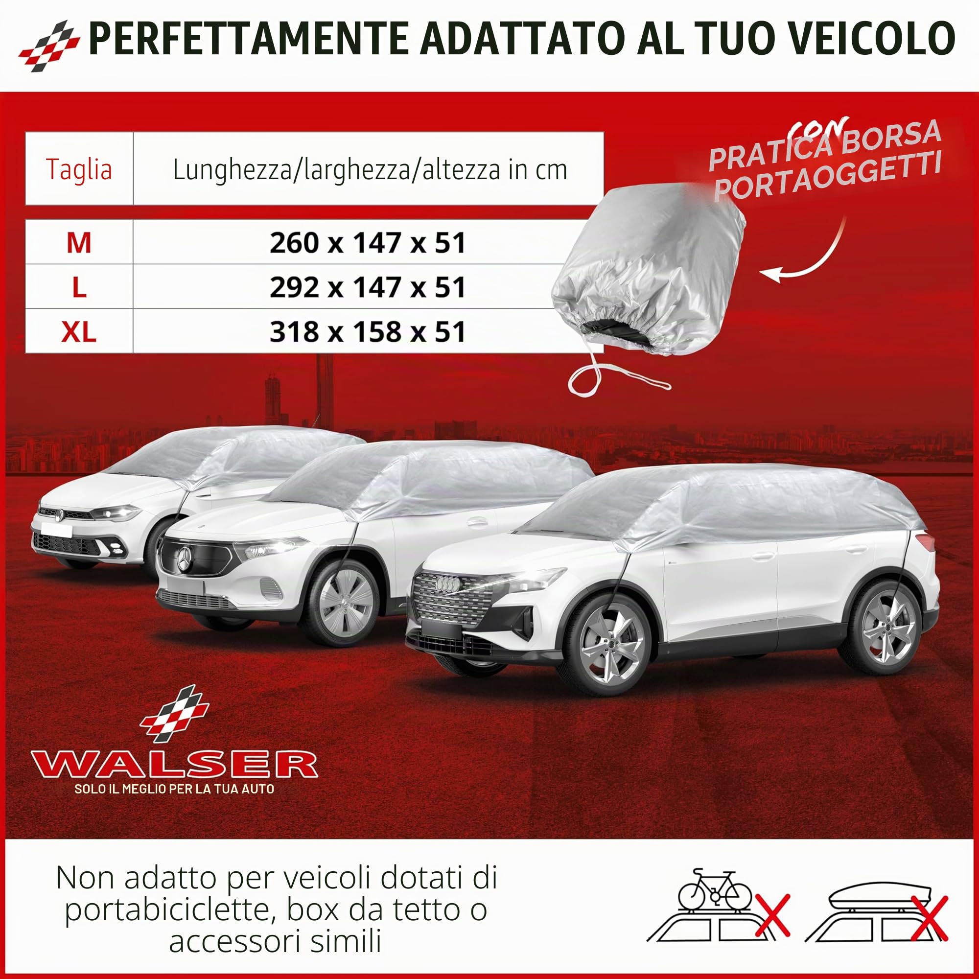 WALSER Telone per auto All Weather, 100% telone per auto resistente alle intemperie, Copertura veicolo mezzo garage Misura 1 Veicolo argento