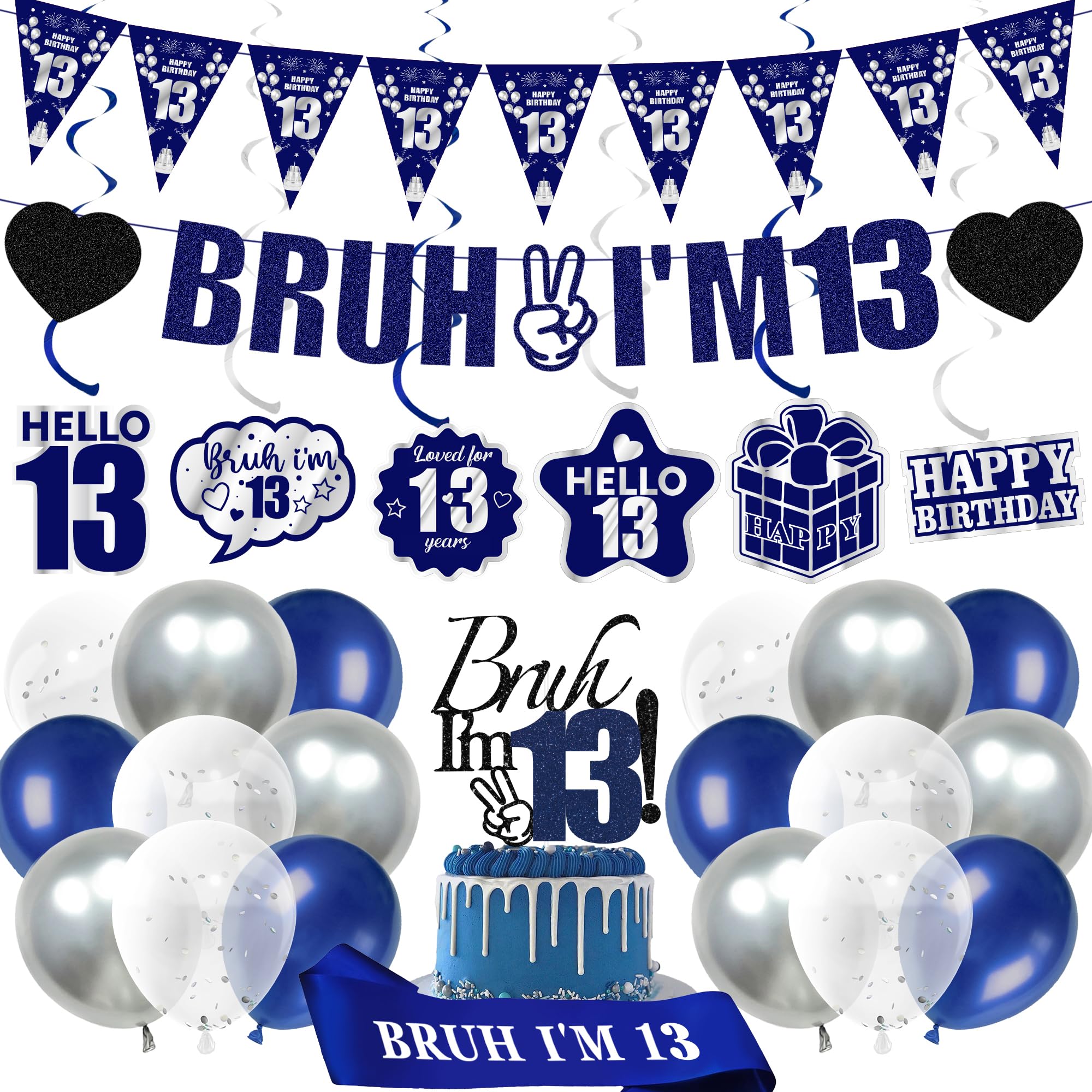 13th Birthday Decorations Balloons Boys - 28 Pcs Blue Bruh I'M 13 Banner Swirl Hangings Latex Confetti Balloons Sash Cake Topper for Kids Boy 13 Years Old Birthday Party Decor Supplies