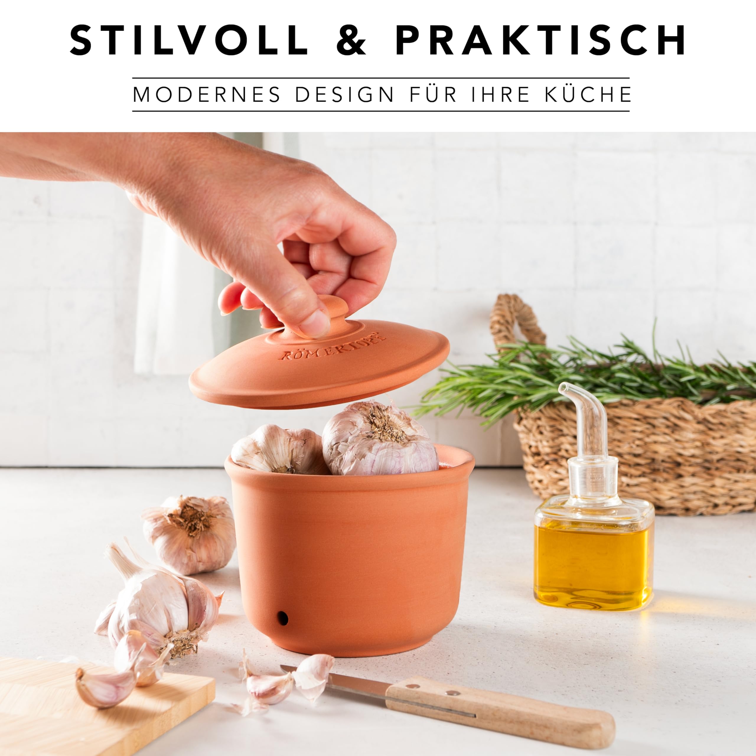 Römertopf zestaw 3 garnków – czosnek, cebula i ziemniaki, ceramiczne pudełko do przechowywania – oddychająca glina utrzymuje świeżość warzyw dłużej – terakota