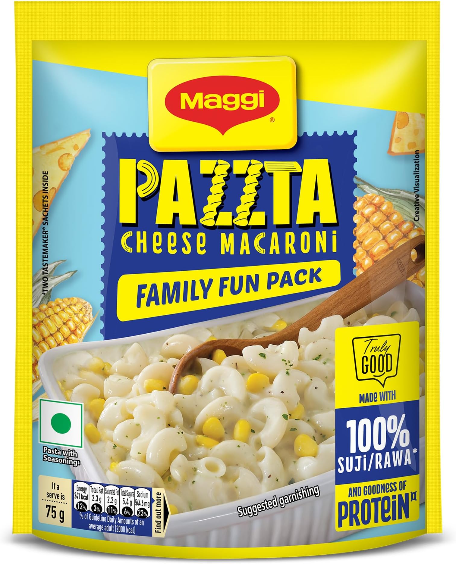 Maggi PAZZTA Vegetarian Cheese Macaroni Pasta, Delicious Italian Style Instant Pasta, Made With 100% Suji & Quality Ingredients, 150g, Pouch, Medium