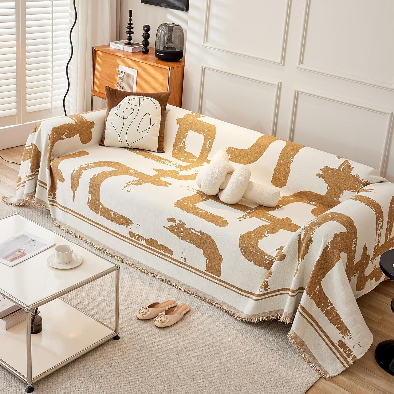 LINTRY Green Circle Pattern Sofa Covers for 2 Cushion Couch Geometric Pattern Couch Cover Durable Chenille Sectional Couch Cover Dogs Pets Furniture Cover (Abstract: Khaki, Large:71"x 118")