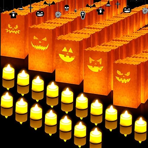 Honoson 100 Set Halloween Luminary Bags with LED Light Candles Flame Resistant Paper Candle Bags Luminaries Flameless Orange LED Light Paper Lantern Bags for Halloween Party Decor Outdoor Indoor