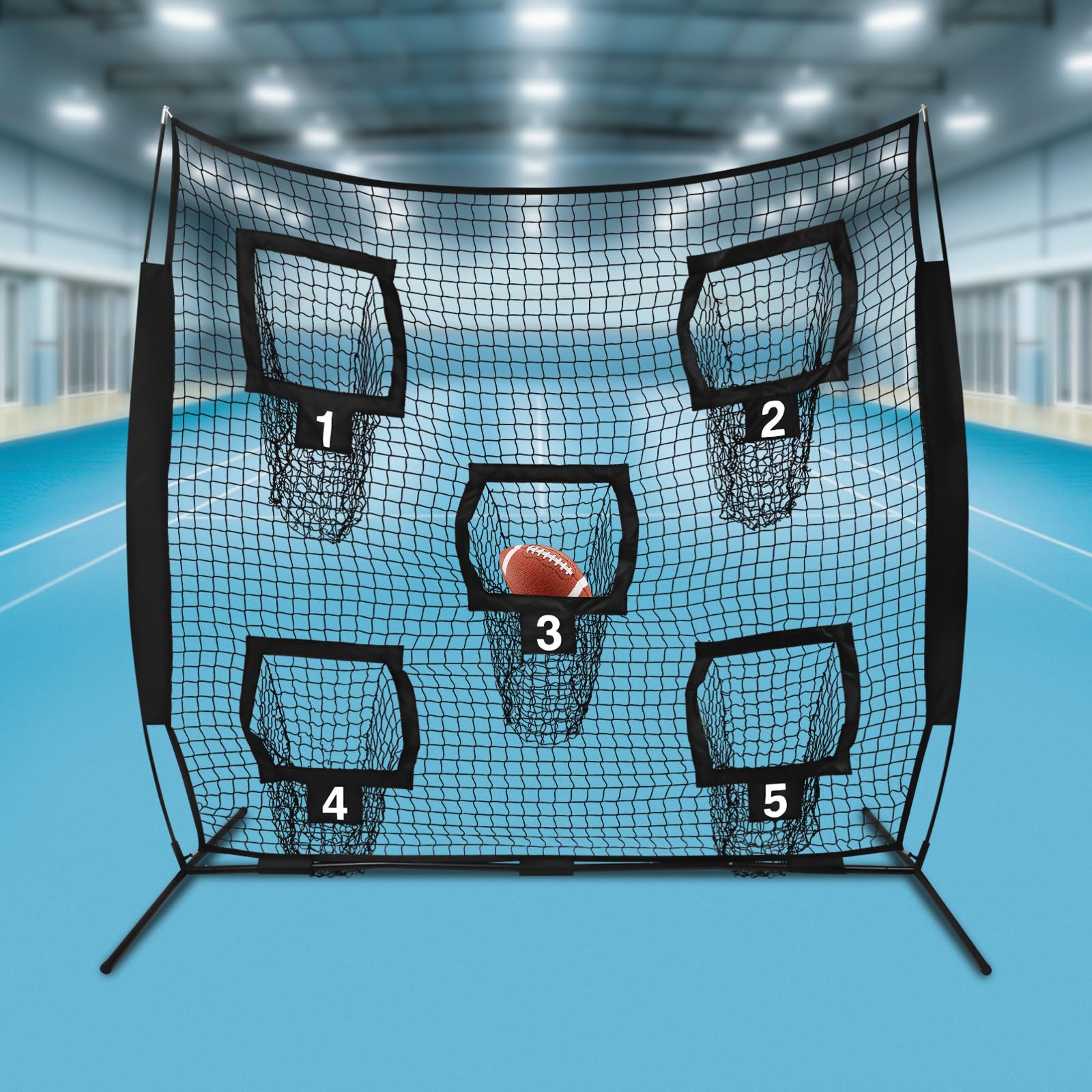 Quarterback Filet d'entraînement de rugby avec 5 poches cibles, chaque longueur du tube inférieur 1,1 m, pour l'extérieur et l'intérieur, 17,8 x 18,7 cm
