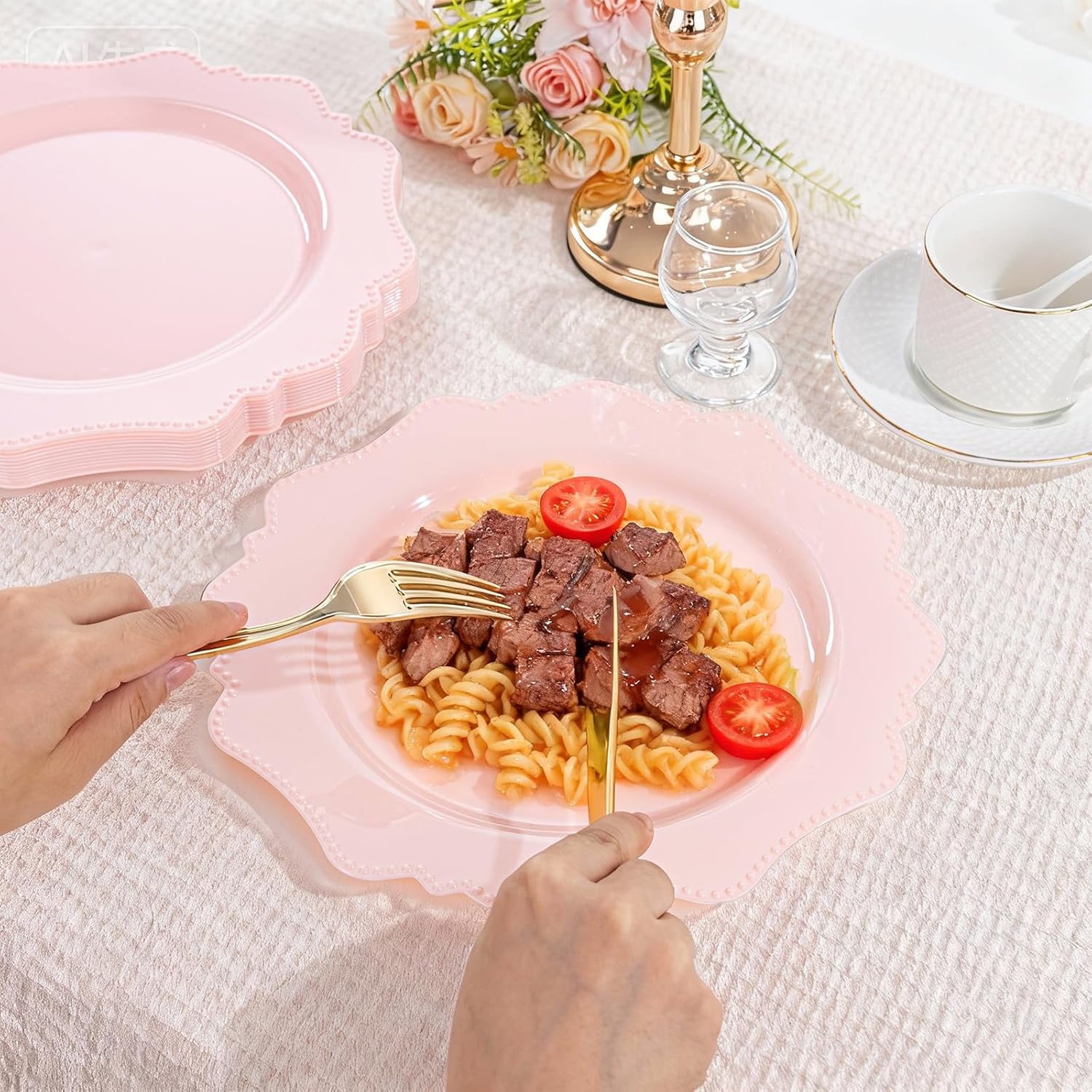 COLOSUS 60pcs Pink Plastic Party Dinner Plates - 9.5 Inch- Heavy Duty Disposable Plastic Dinner Plates for Party Wedding and Everyday Use,Easter Day