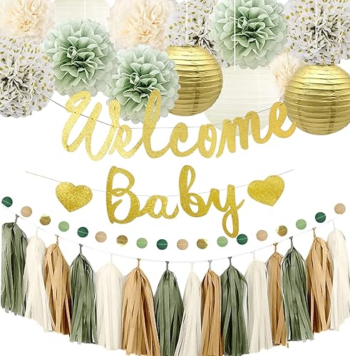 Decoraciones para baby shower, color verde salvia, cartel de bienvenida para bebé con pompones de tela, guirnalda de borlas, linternas de papel,